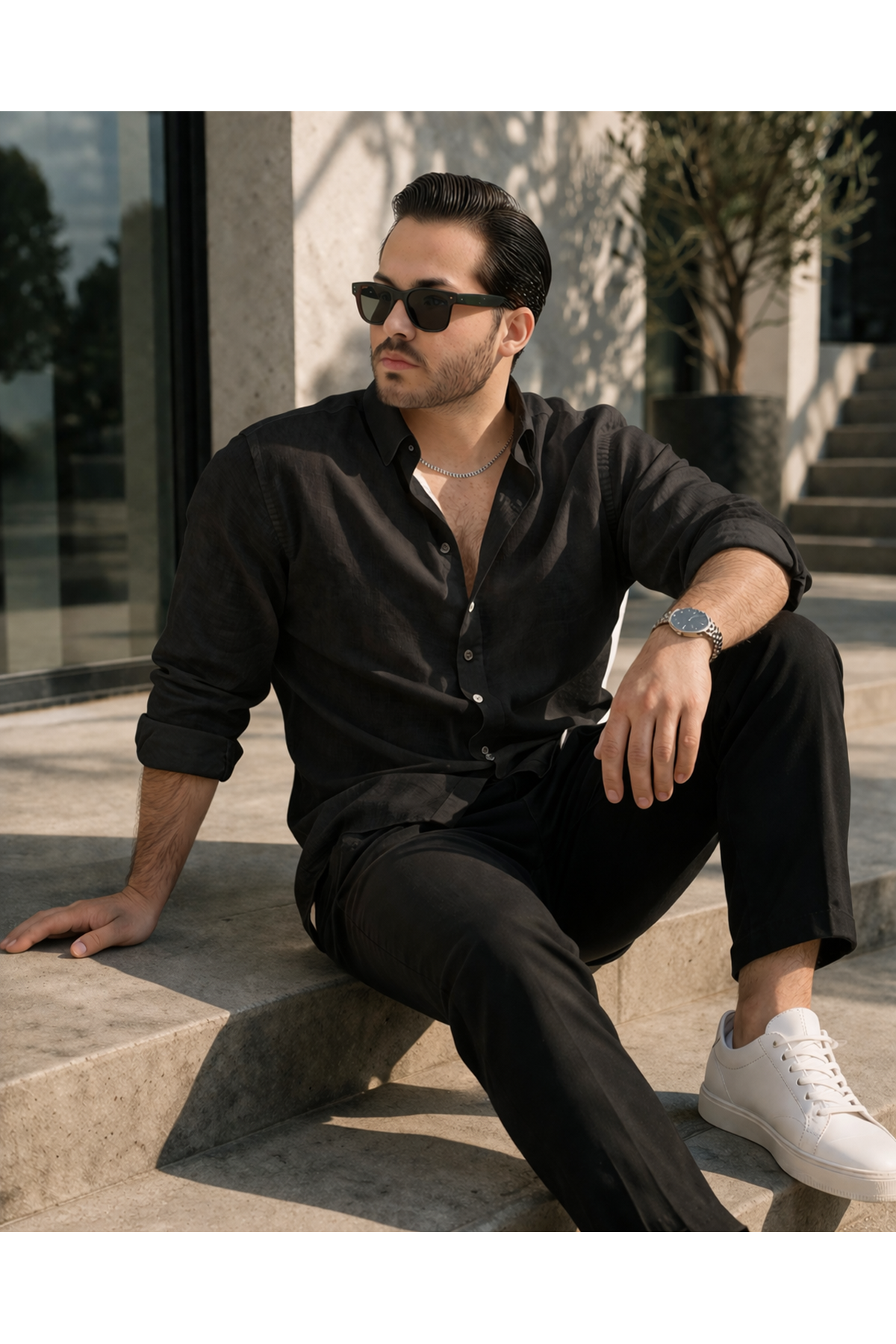 Erkek Trend Dokulu Uzun Kol Basic Siyah Keten Gömlek