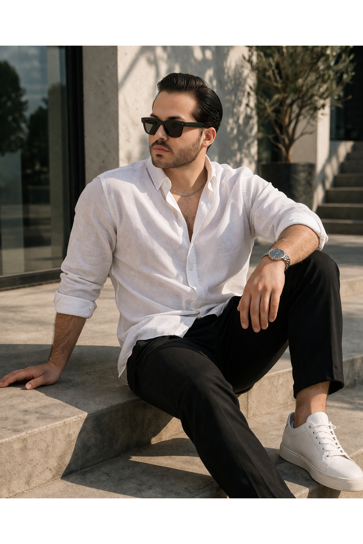 Erkek Trend Dokulu Uzun Kol Basic Beyaz Keten Gömlek