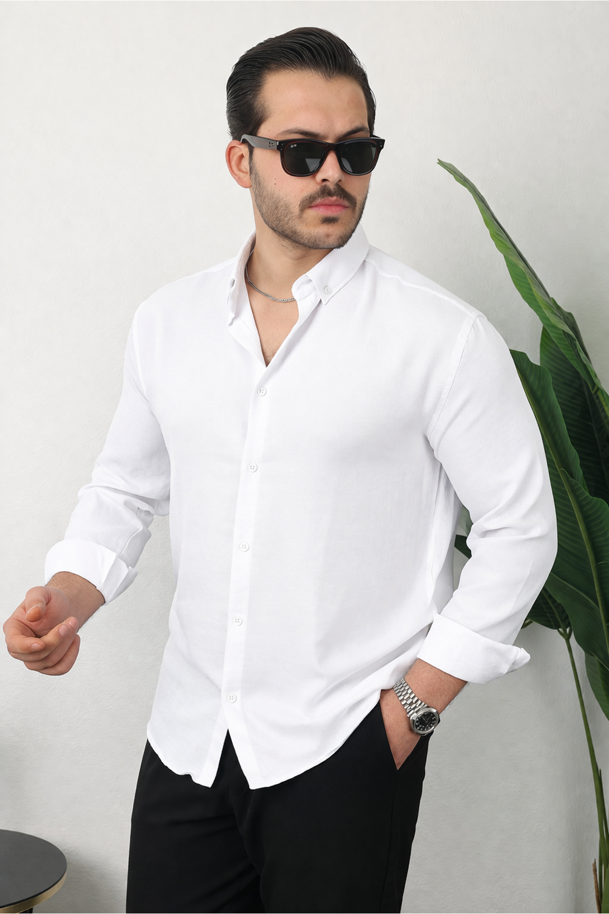 Erkek Trend Dokulu Uzun Kol Basic Beyaz Keten Gömlek