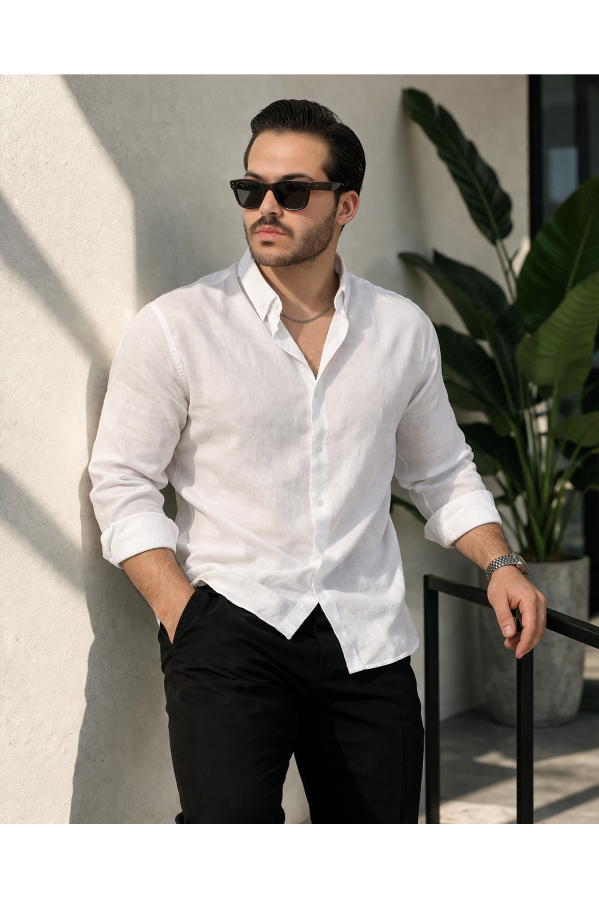 Erkek Trend Dokulu Uzun Kol Basic Beyaz Keten Gömlek