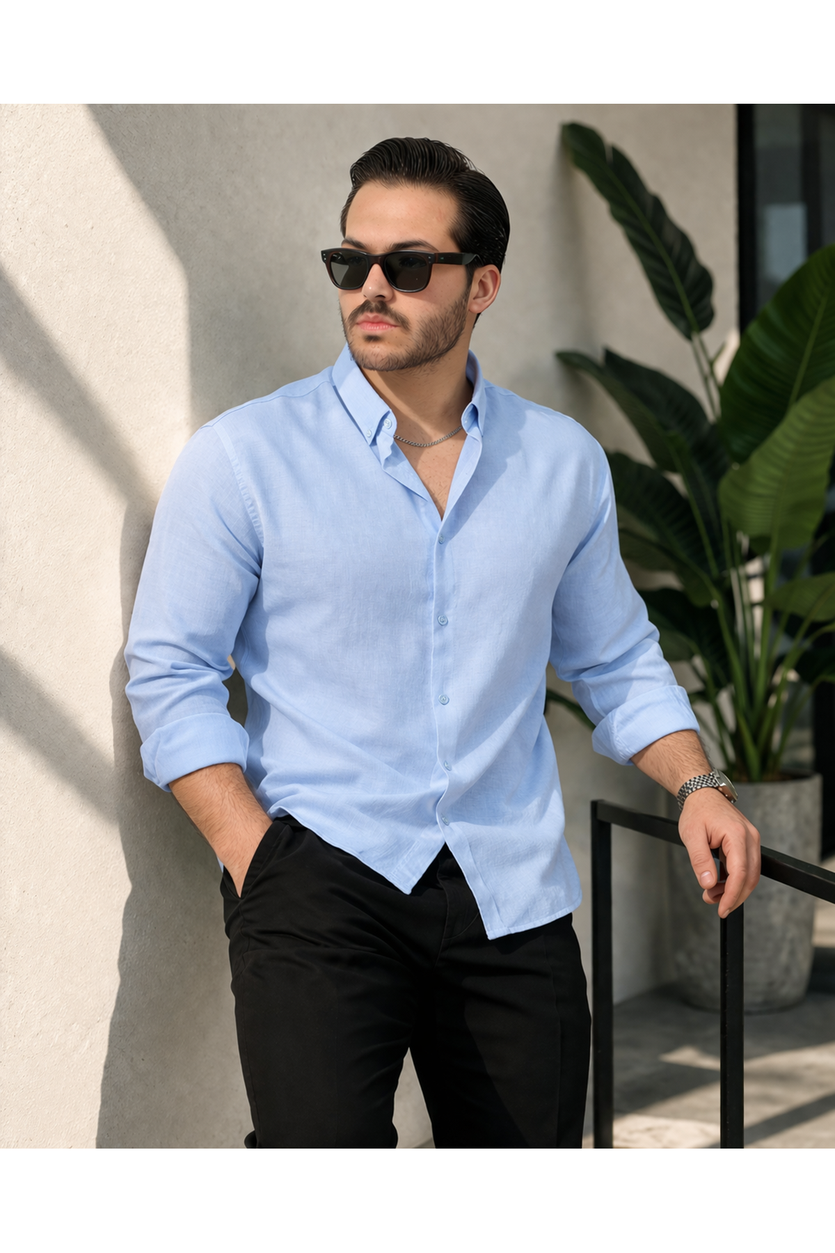 Erkek Trend Dokulu Uzun Kol Basic Mavi Keten Gömlek