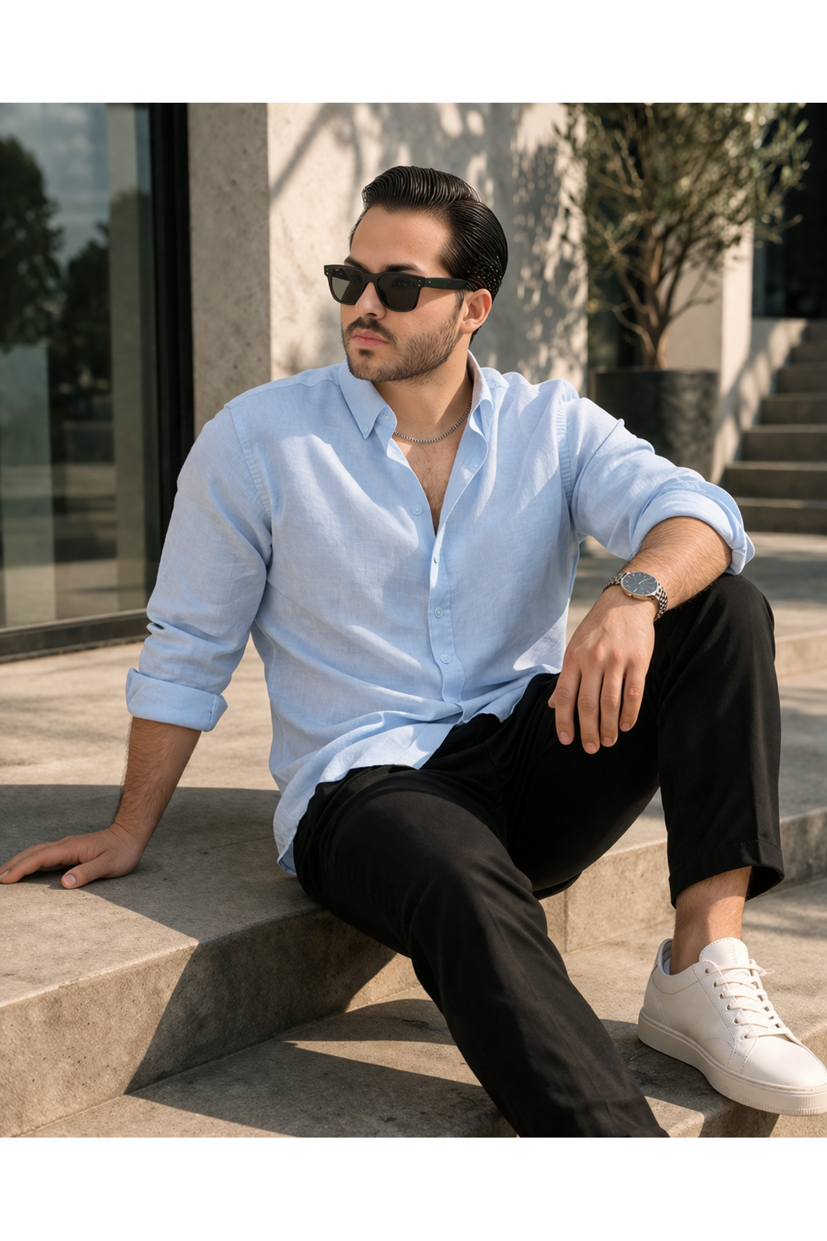 Erkek Trend Dokulu Uzun Kol Basic Mavi Keten Gömlek