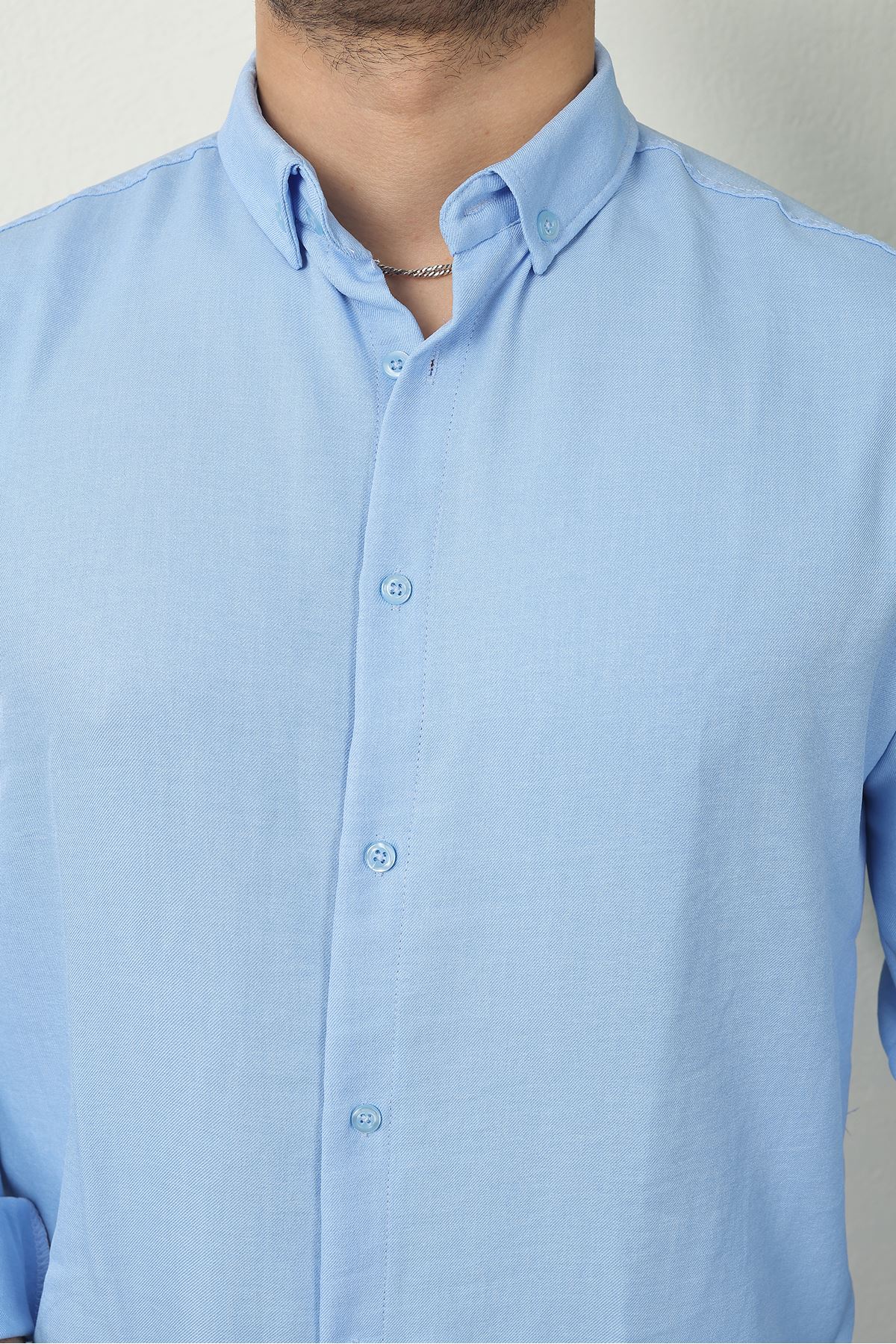 Erkek Trend Dokulu Uzun Kol Basic Mavi Keten Gömlek