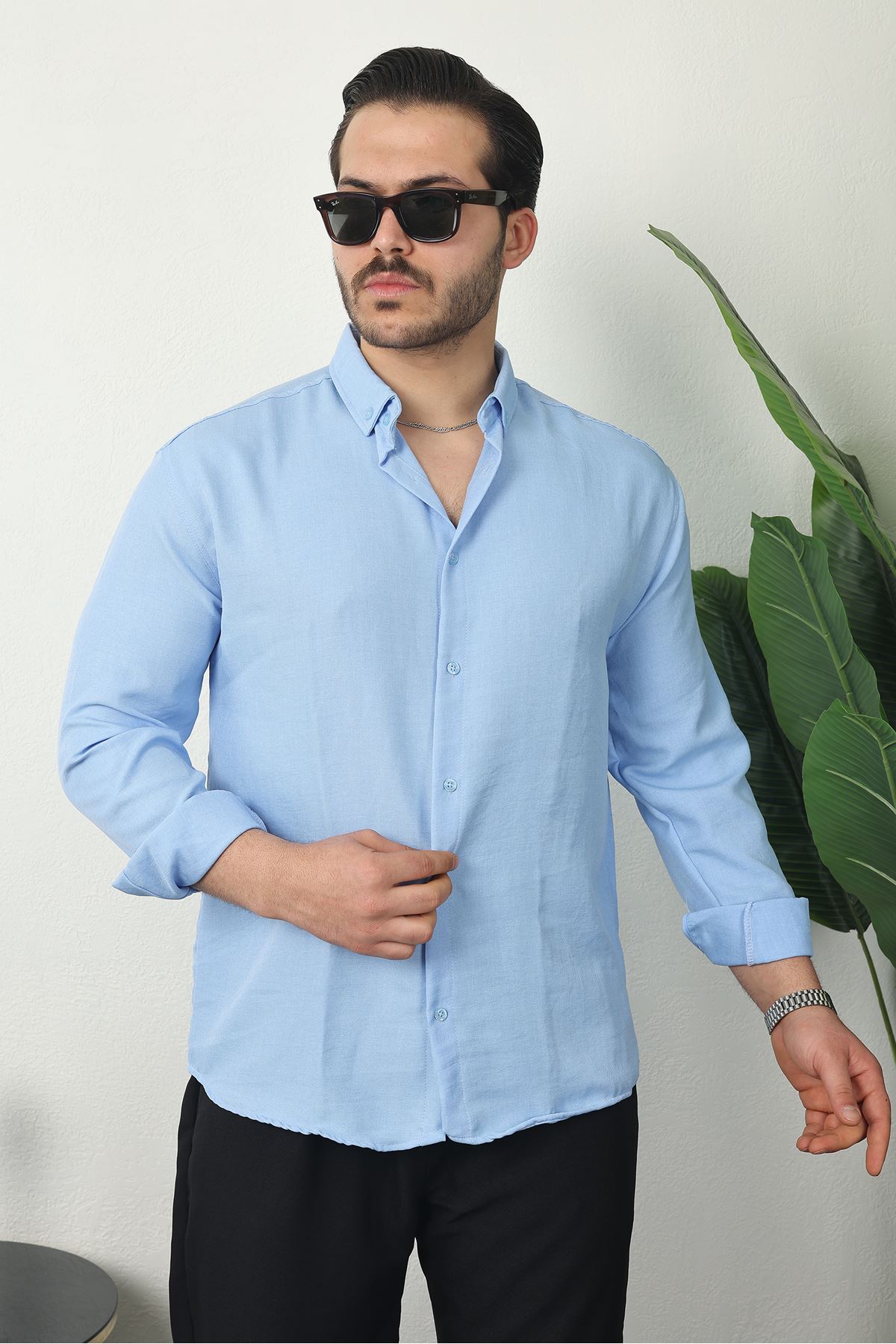 Erkek Trend Dokulu Uzun Kol Basic Mavi Keten Gömlek