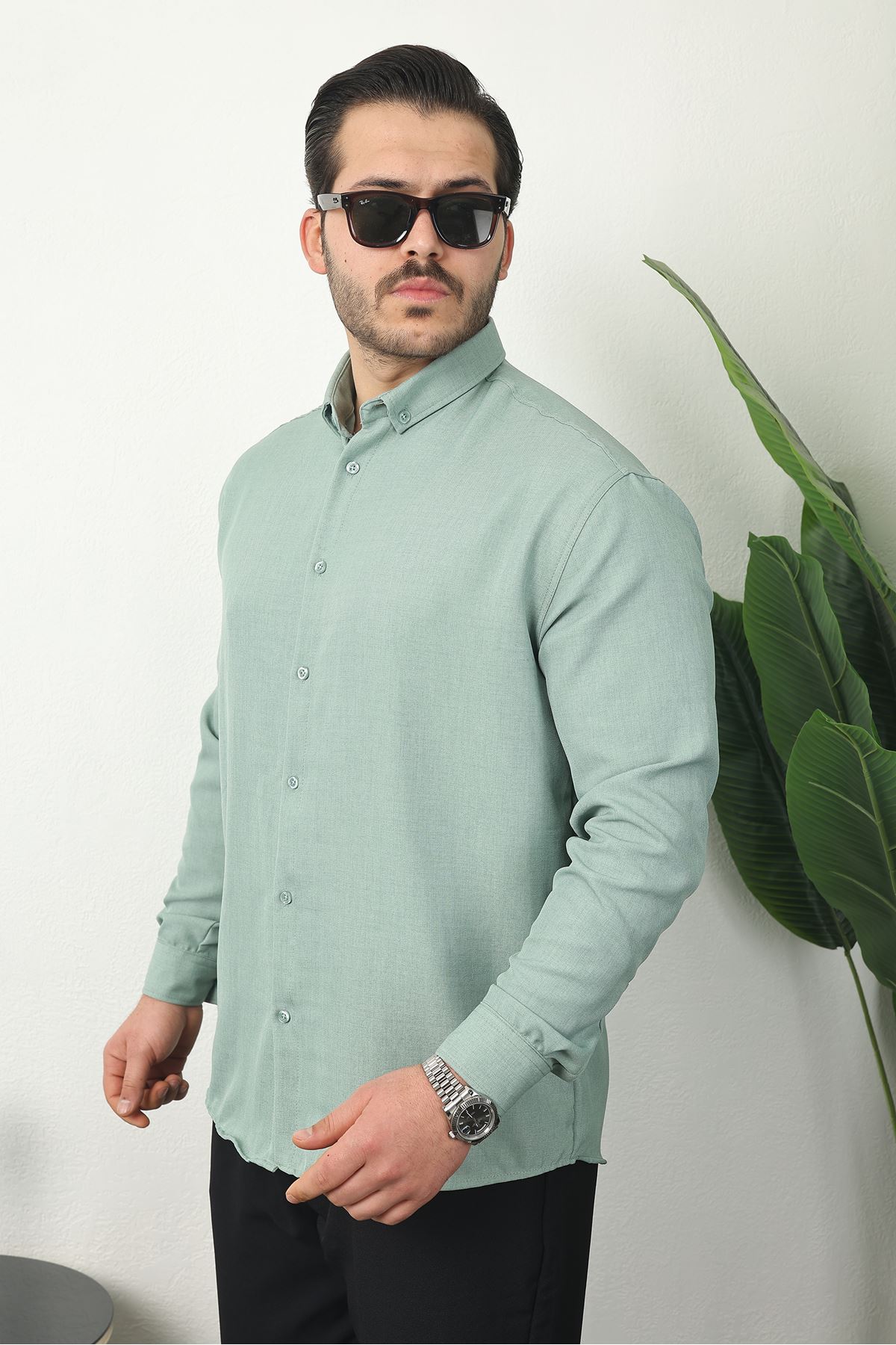 Erkek Trend Dokulu Uzun Kol Basic S.Yeşil Keten Gömlek