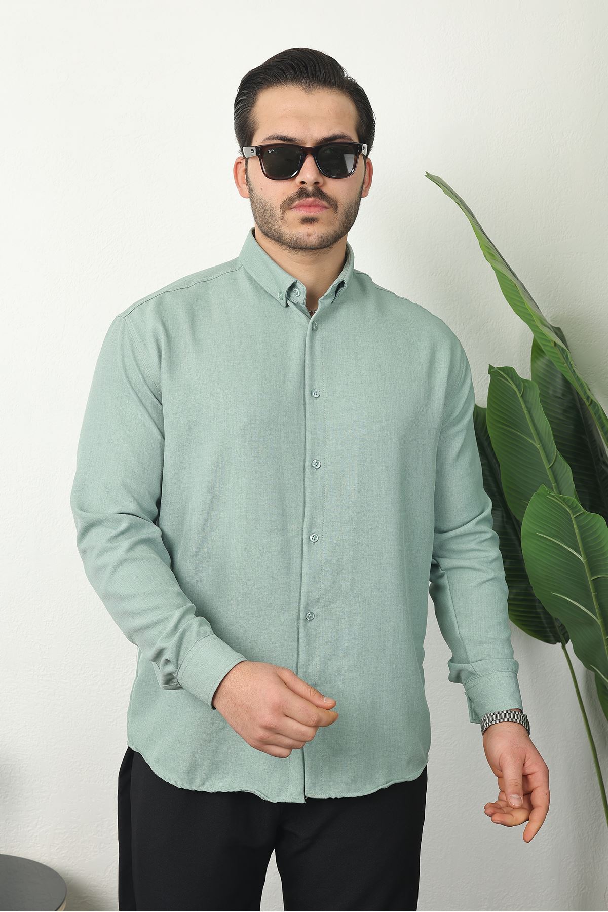 Erkek Trend Dokulu Uzun Kol Basic S.Yeşil Keten Gömlek