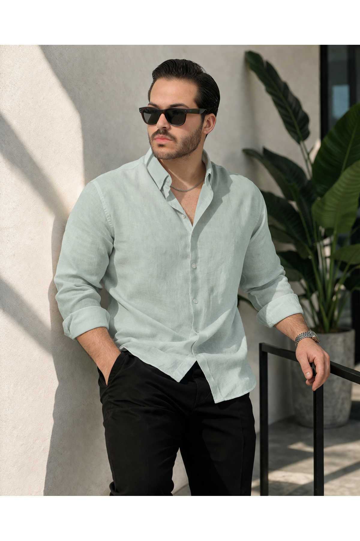 Erkek Trend Dokulu Uzun Kol Basic S.Yeşil Keten Gömlek