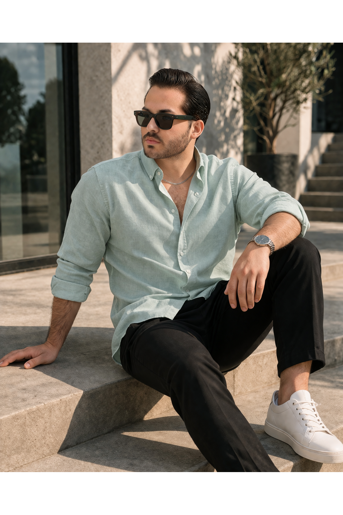 Erkek Trend Dokulu Uzun Kol Basic S.Yeşil Keten Gömlek