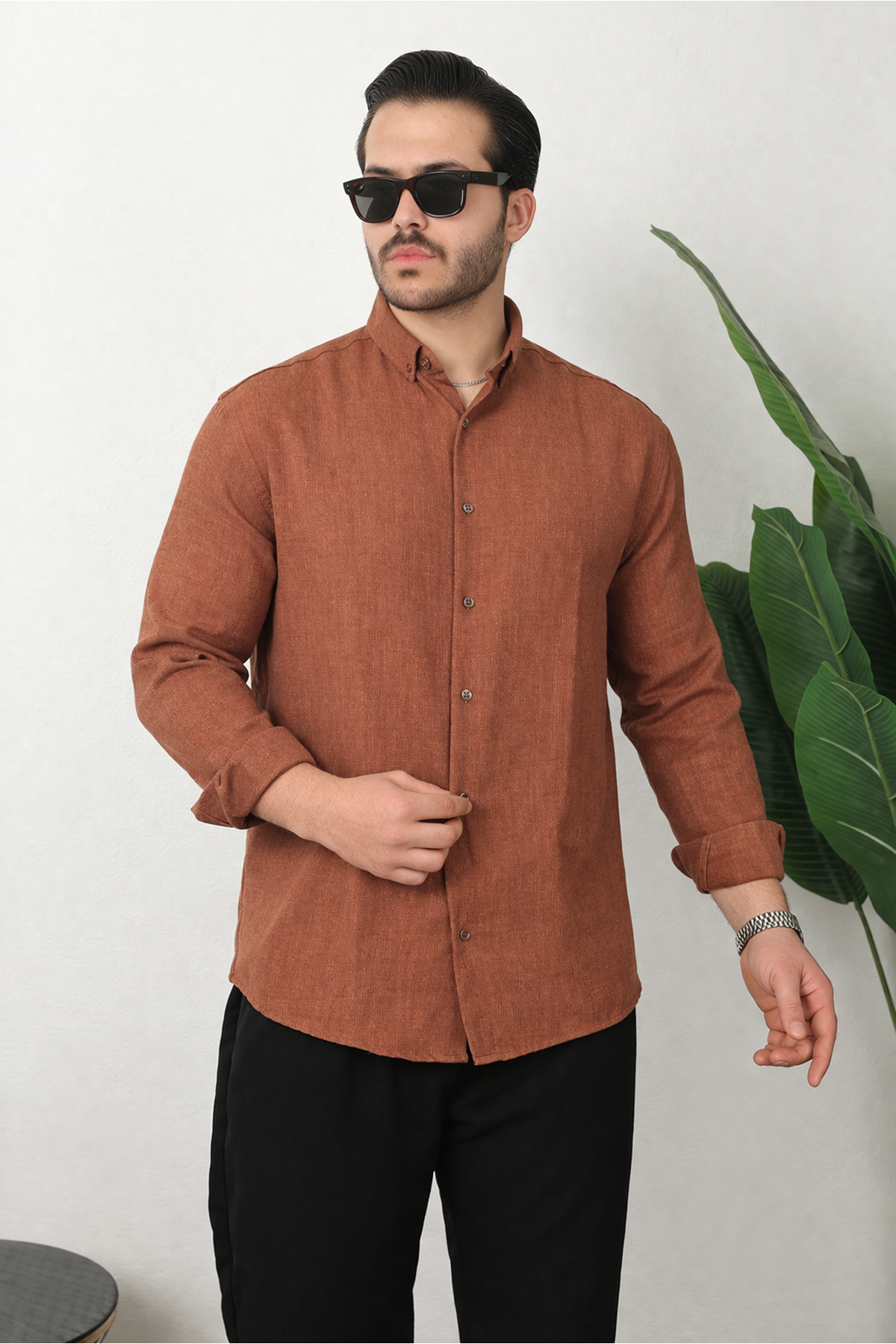 Erkek Trend Dokulu Uzun Kol Basic Kiremit Keten Gömlek