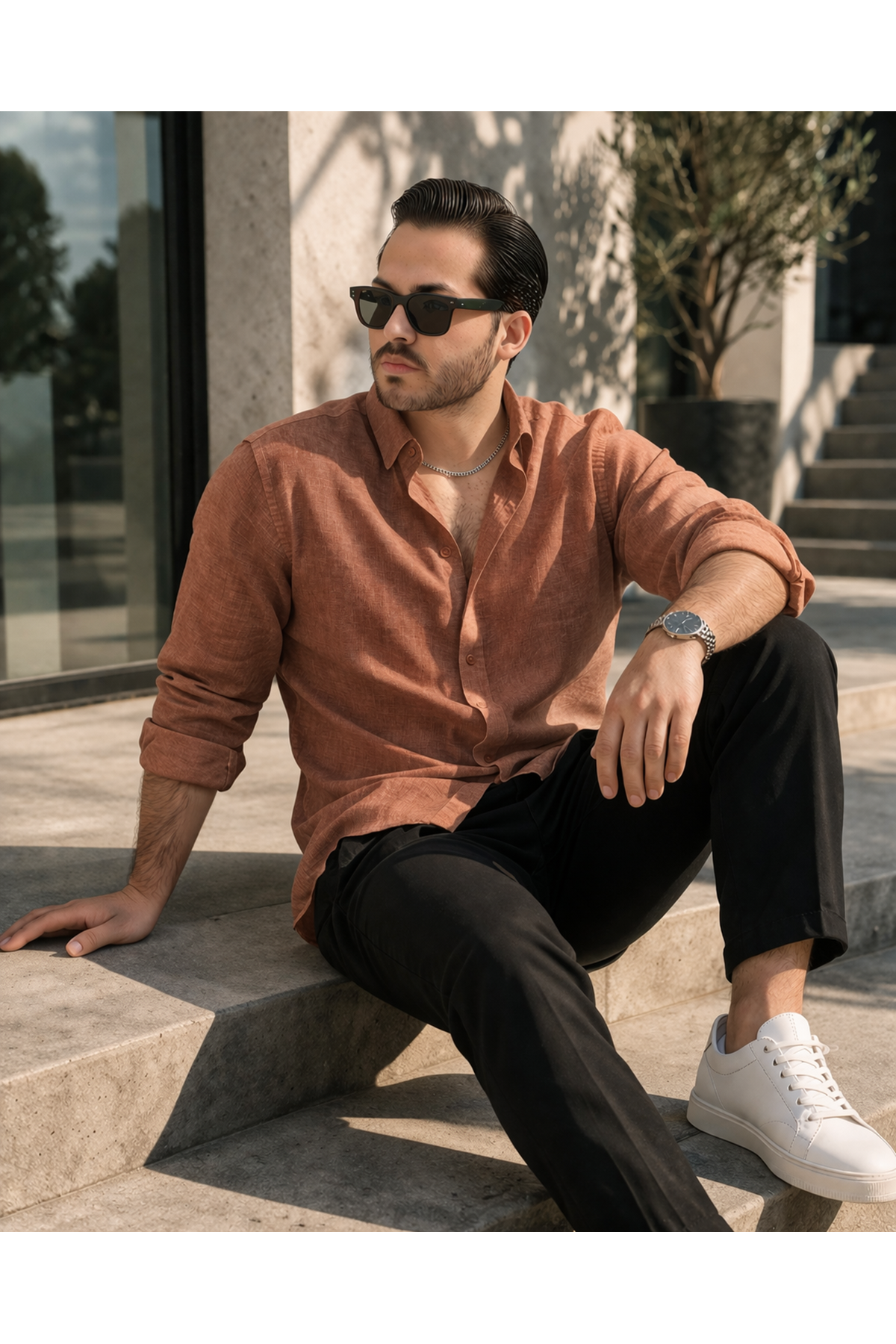 Erkek Trend Dokulu Uzun Kol Basic Kiremit Keten Gömlek