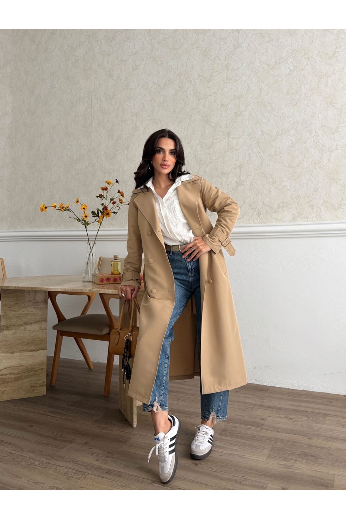 Kadın Klasik Cepli Kuşaklı Trend Midi Taba Trençkot