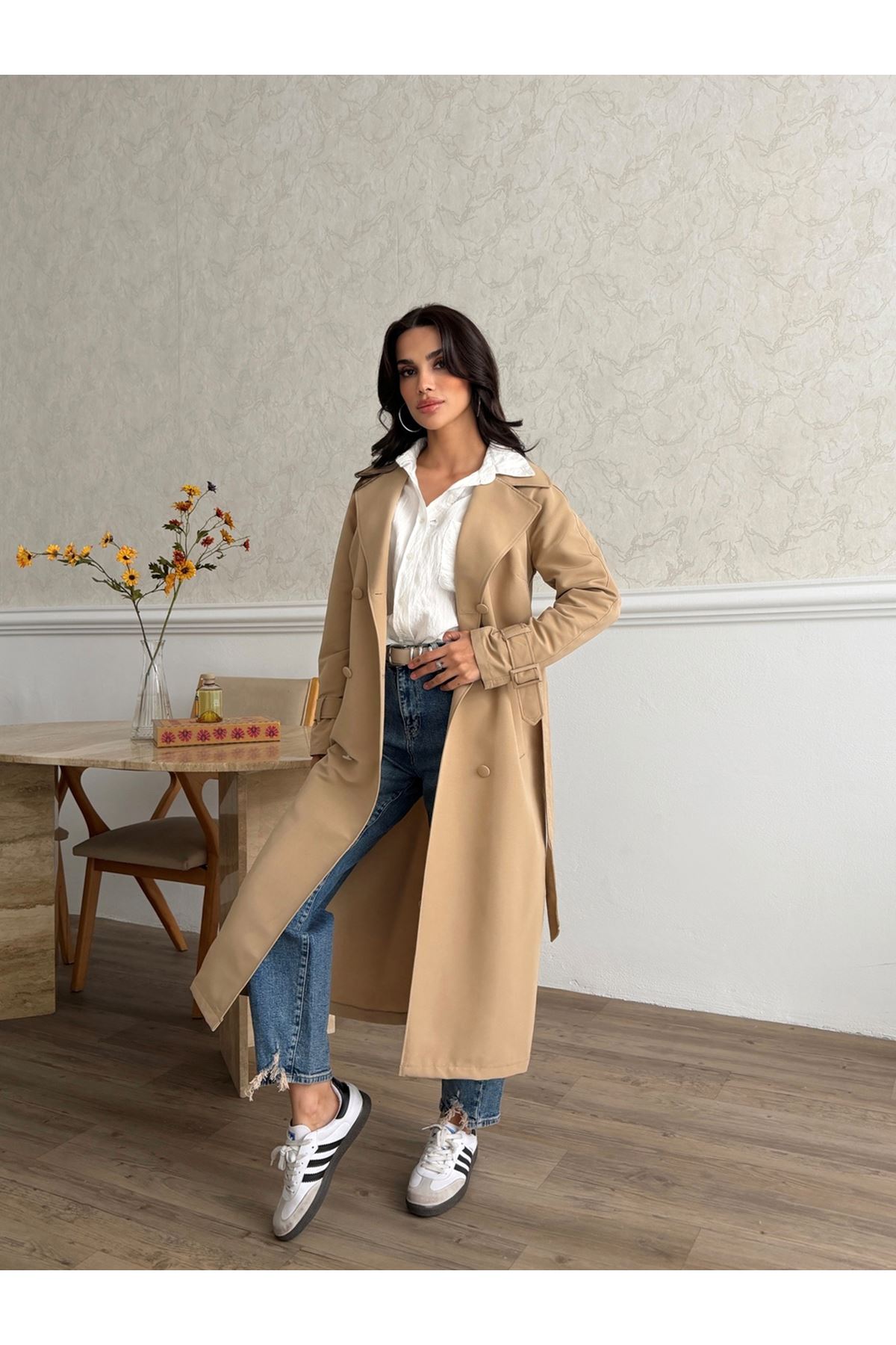 Kadın Klasik Cepli Kuşaklı Trend Midi Taba Trençkot