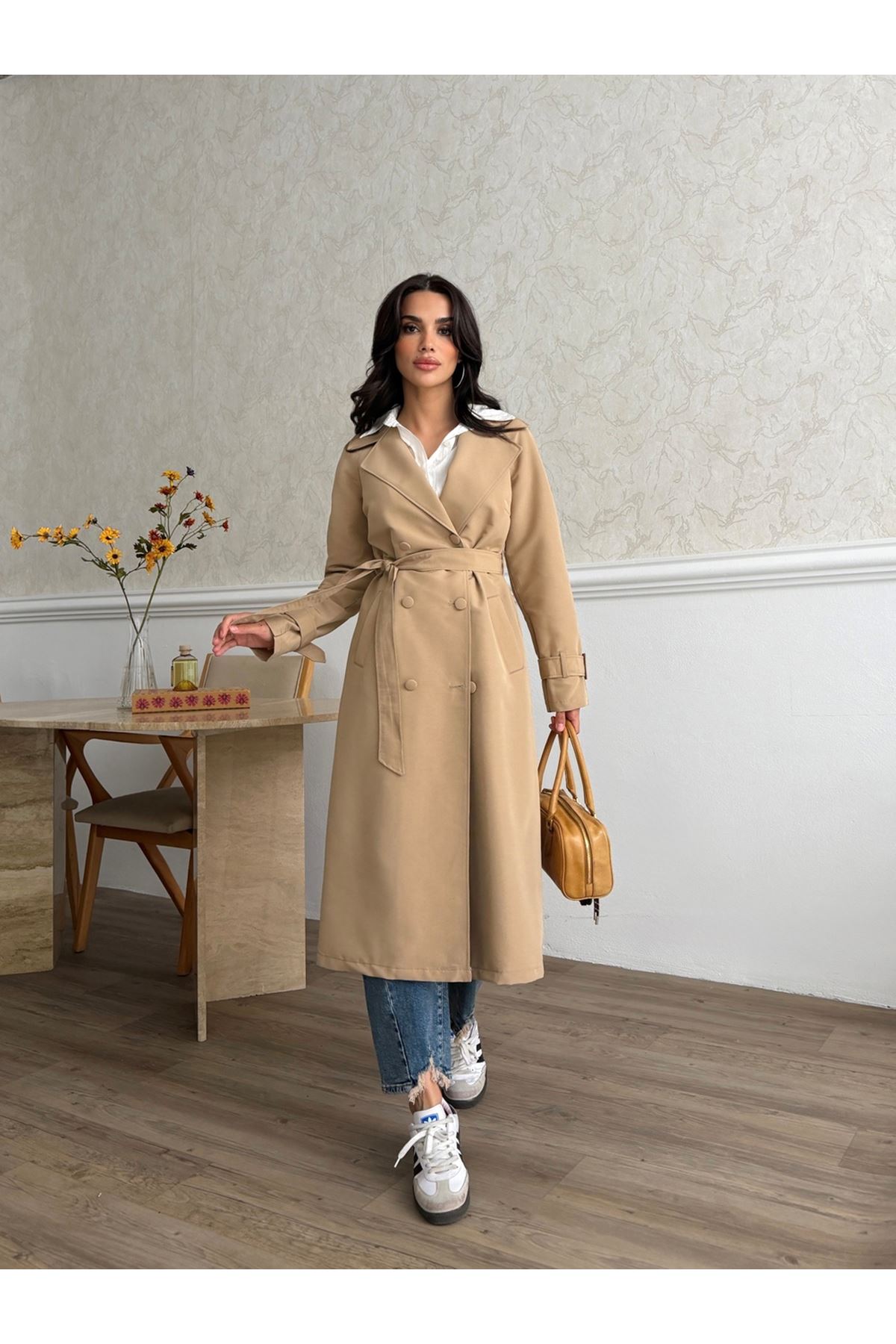 Kadın Klasik Cepli Kuşaklı Trend Midi Taba Trençkot