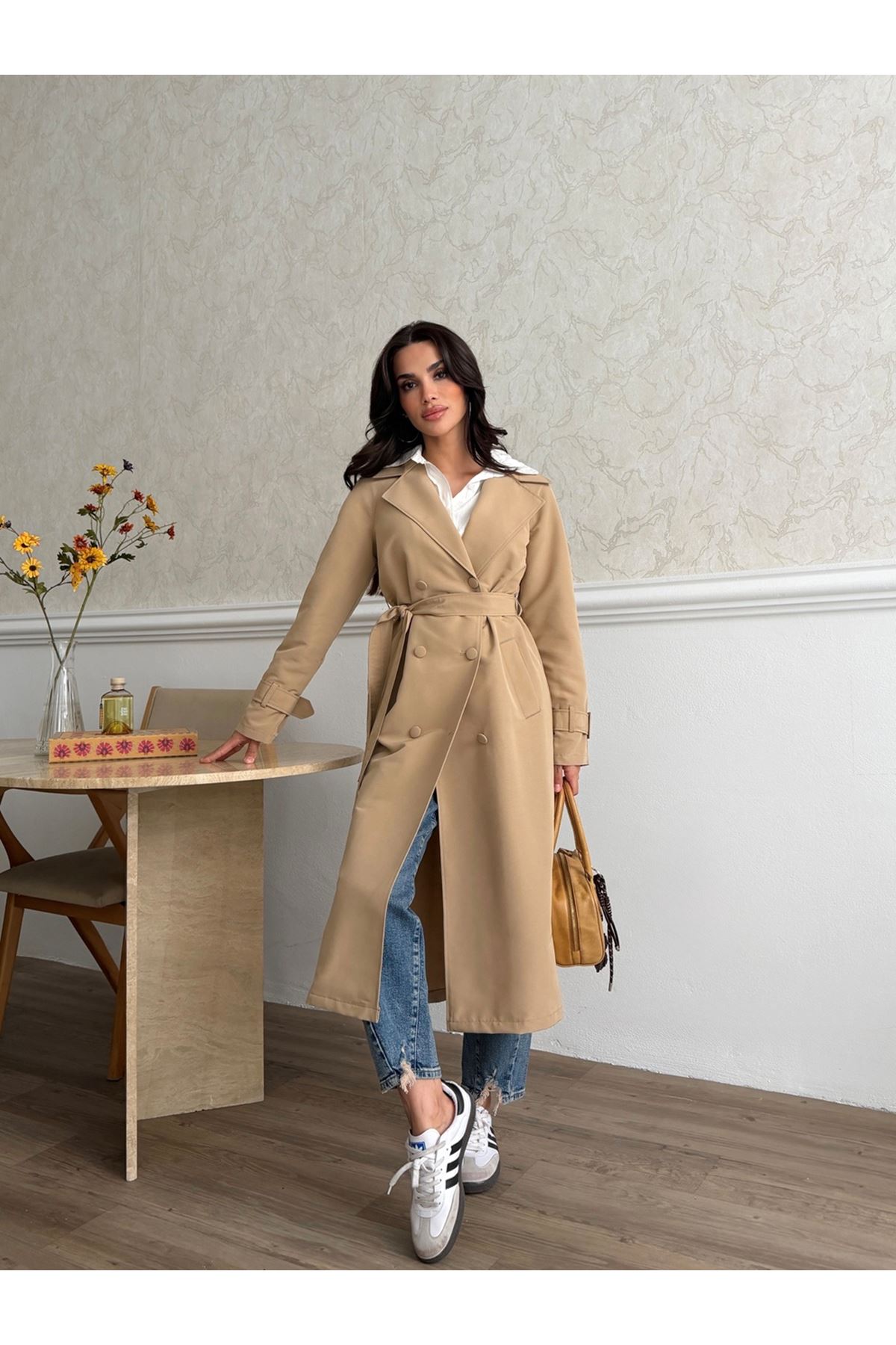 Kadın Klasik Cepli Kuşaklı Trend Midi Taba Trençkot