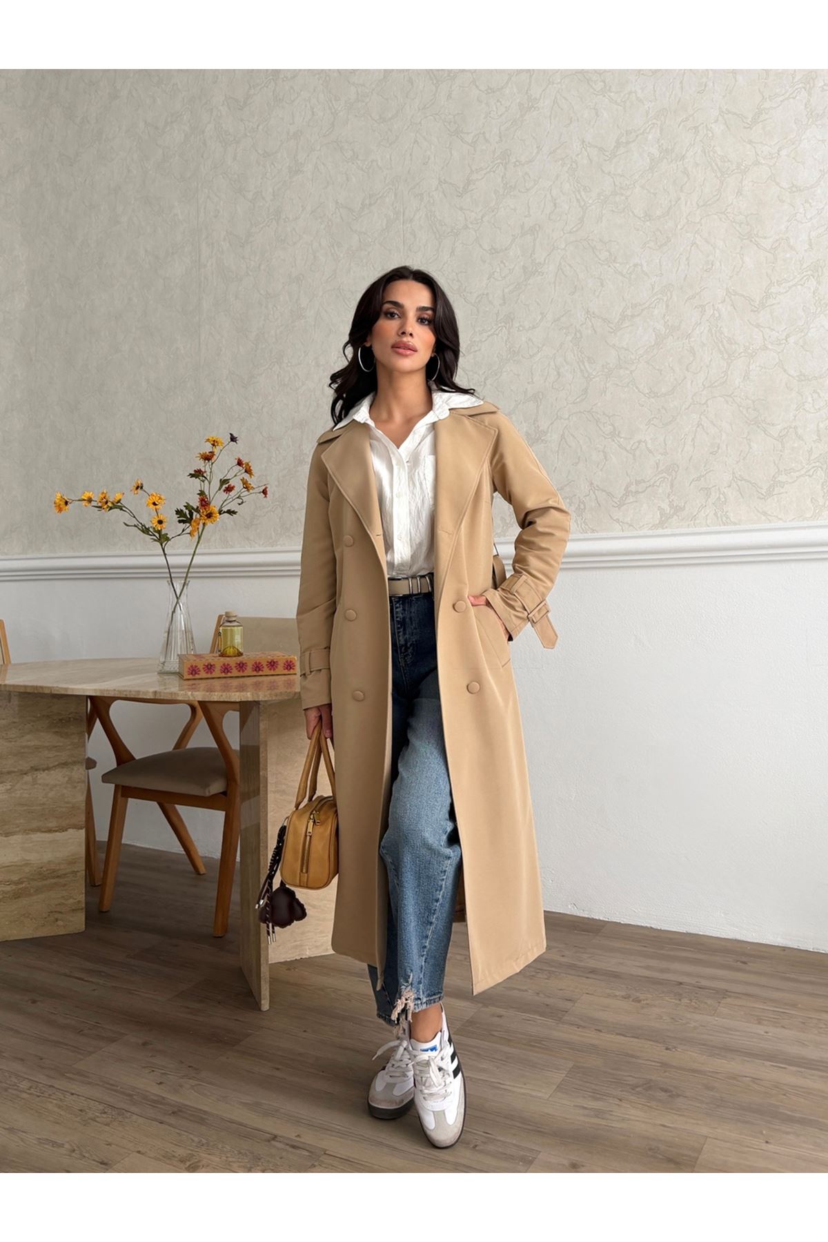 Kadın Klasik Cepli Kuşaklı Trend Midi Taba Trençkot