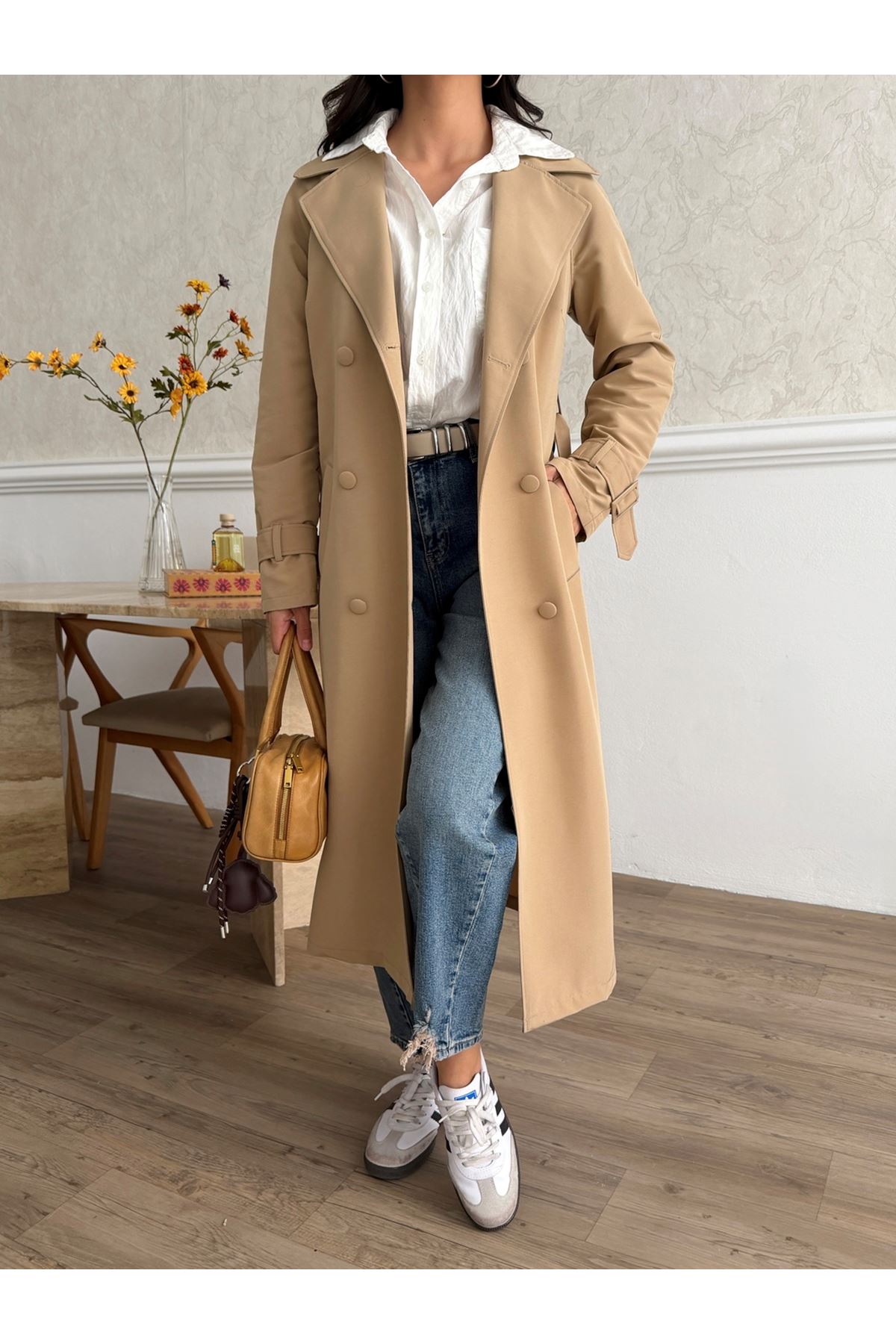 Kadın Klasik Cepli Kuşaklı Trend Midi Taba Trençkot