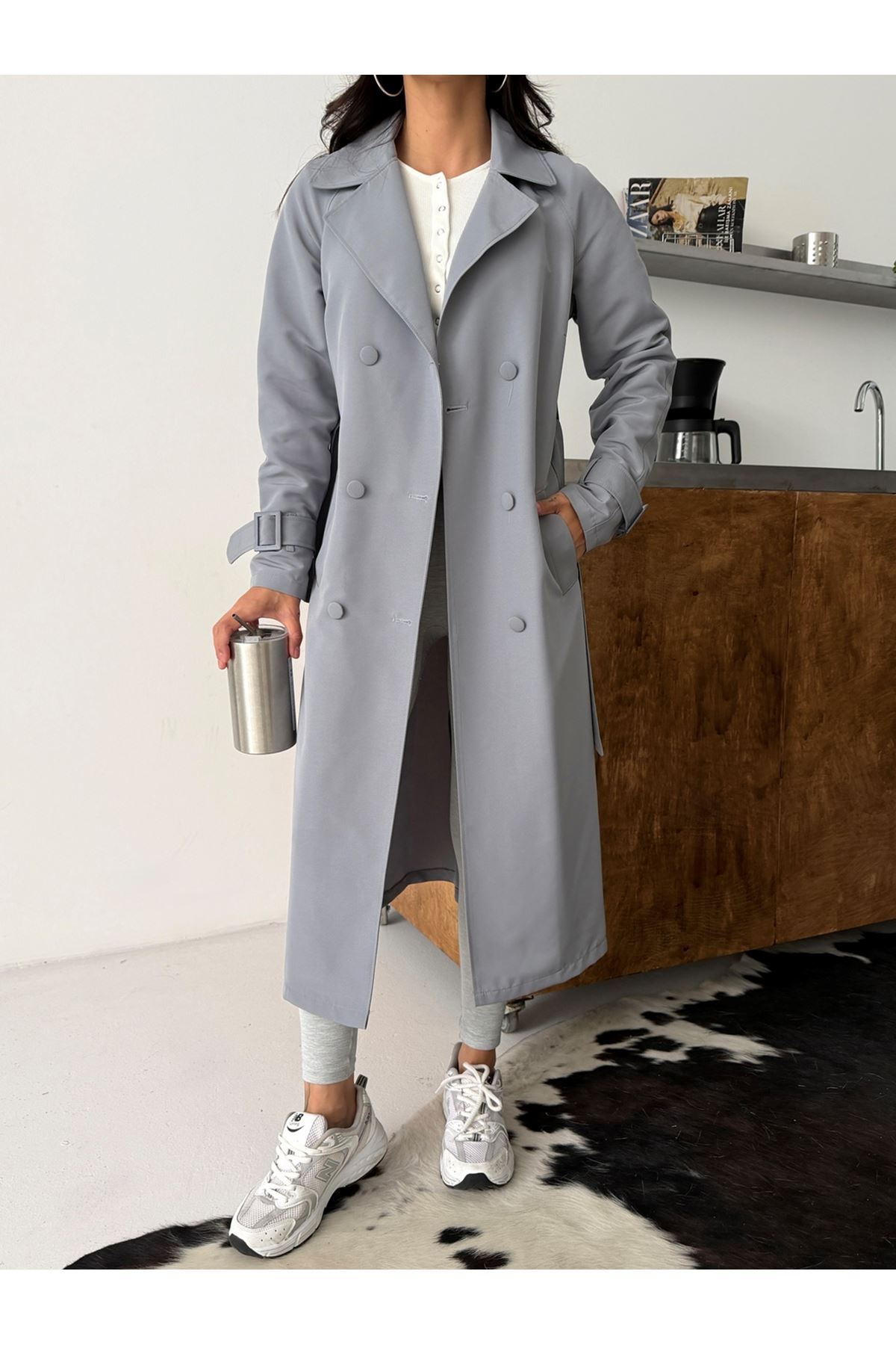 Kadın Klasik Cepli Kuşaklı Trend Midi Gri Trençkot