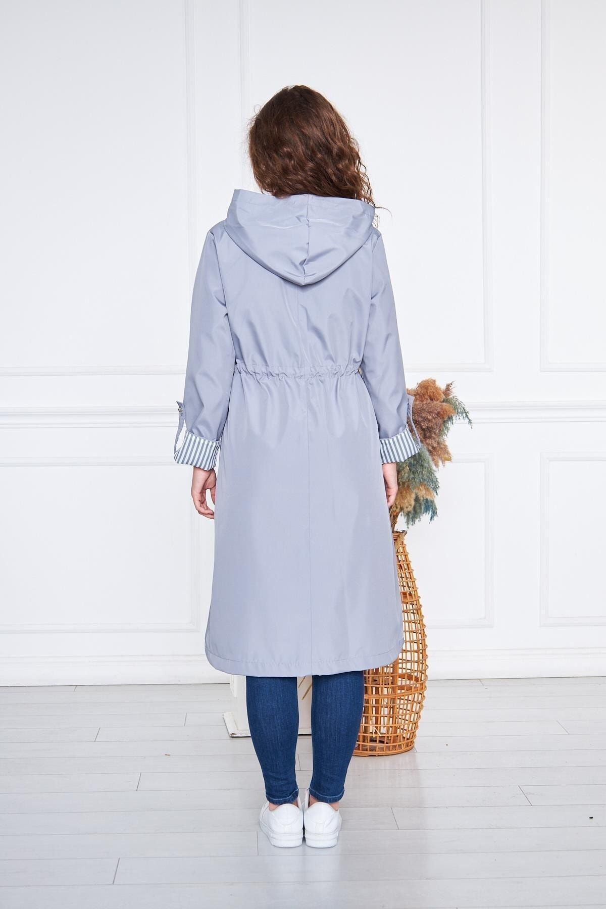 Kadın Beli Büzgülü Su İtici Kapüşonlu Trençkot