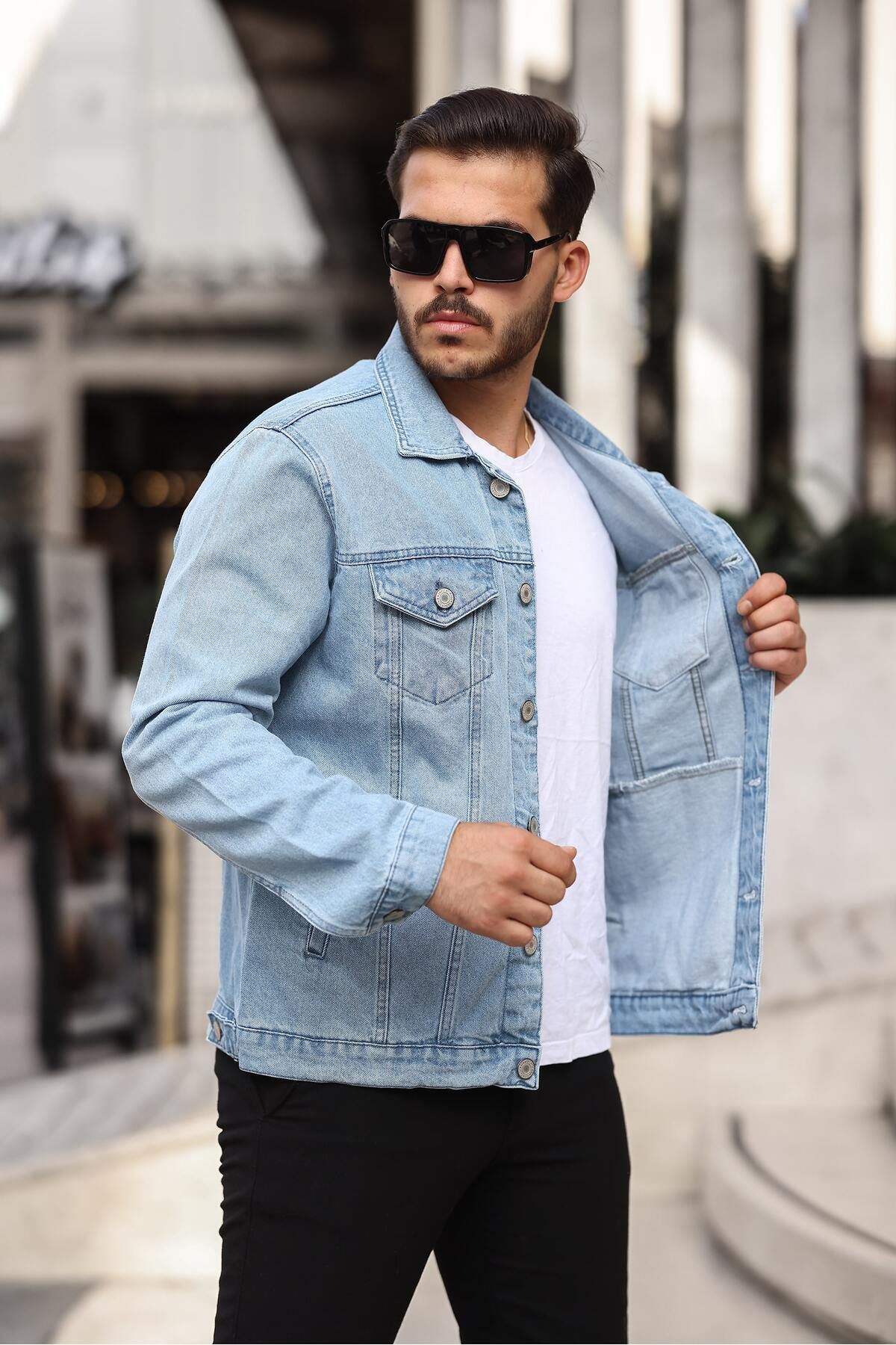 Erkek Trend Polo Yaka Slim Fit Denim Jeans Açık Mavi Kot Ceket