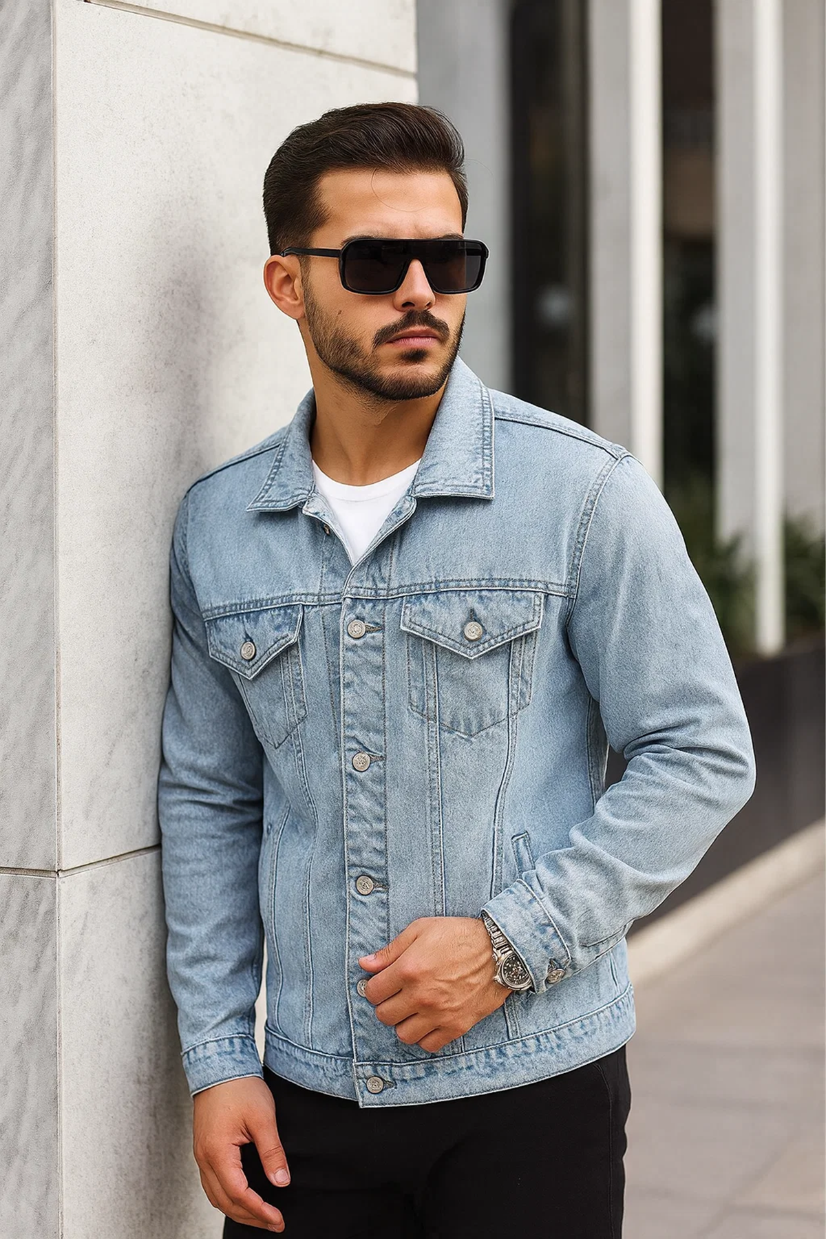 Erkek Trend Polo Yaka Slim Fit Denim Jeans Açık Mavi Kot Ceket