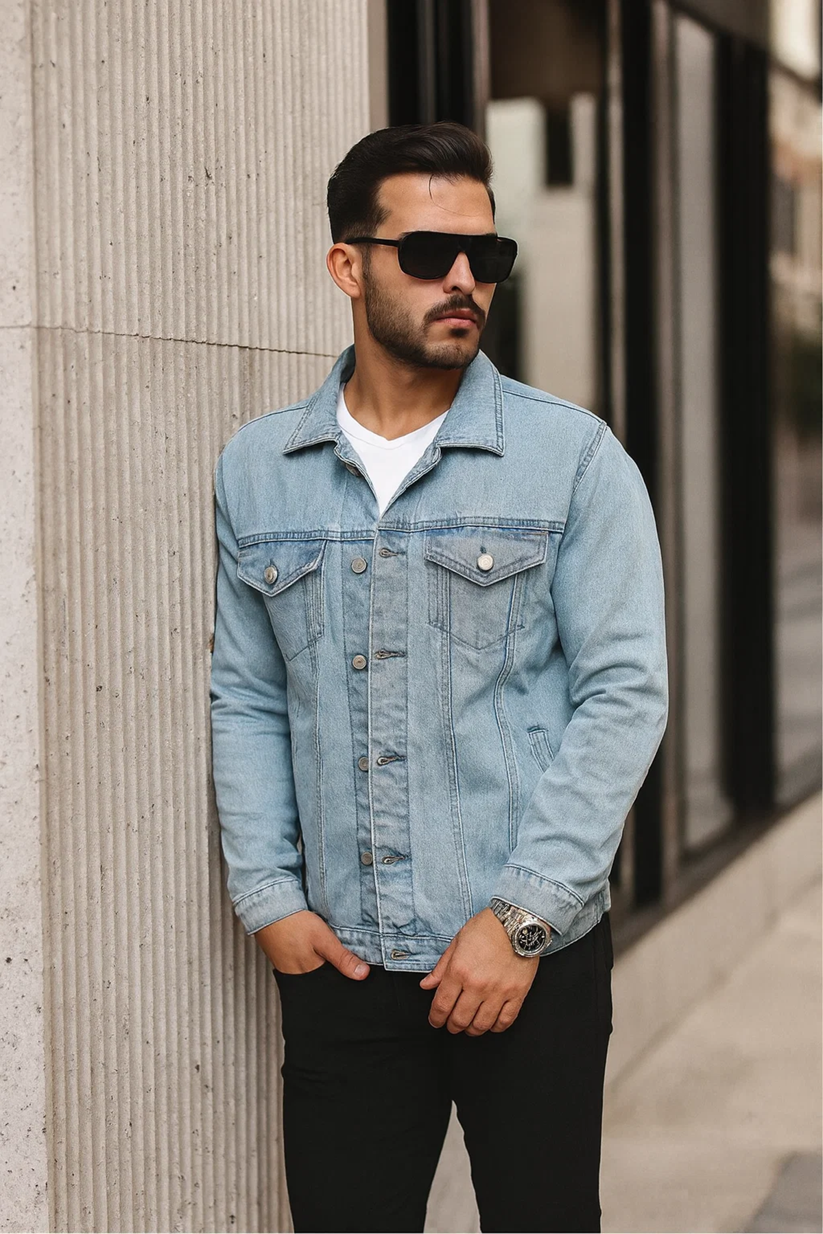 Erkek Trend Polo Yaka Slim Fit Denim Jeans Açık Mavi Kot Ceket