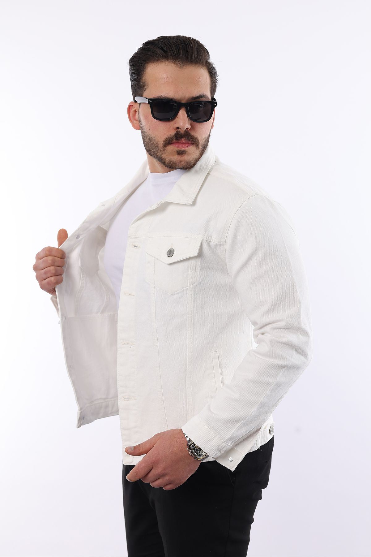 Erkek Trend Polo Yaka Slim Fit Denim Jeans Beyaz Kot Ceket