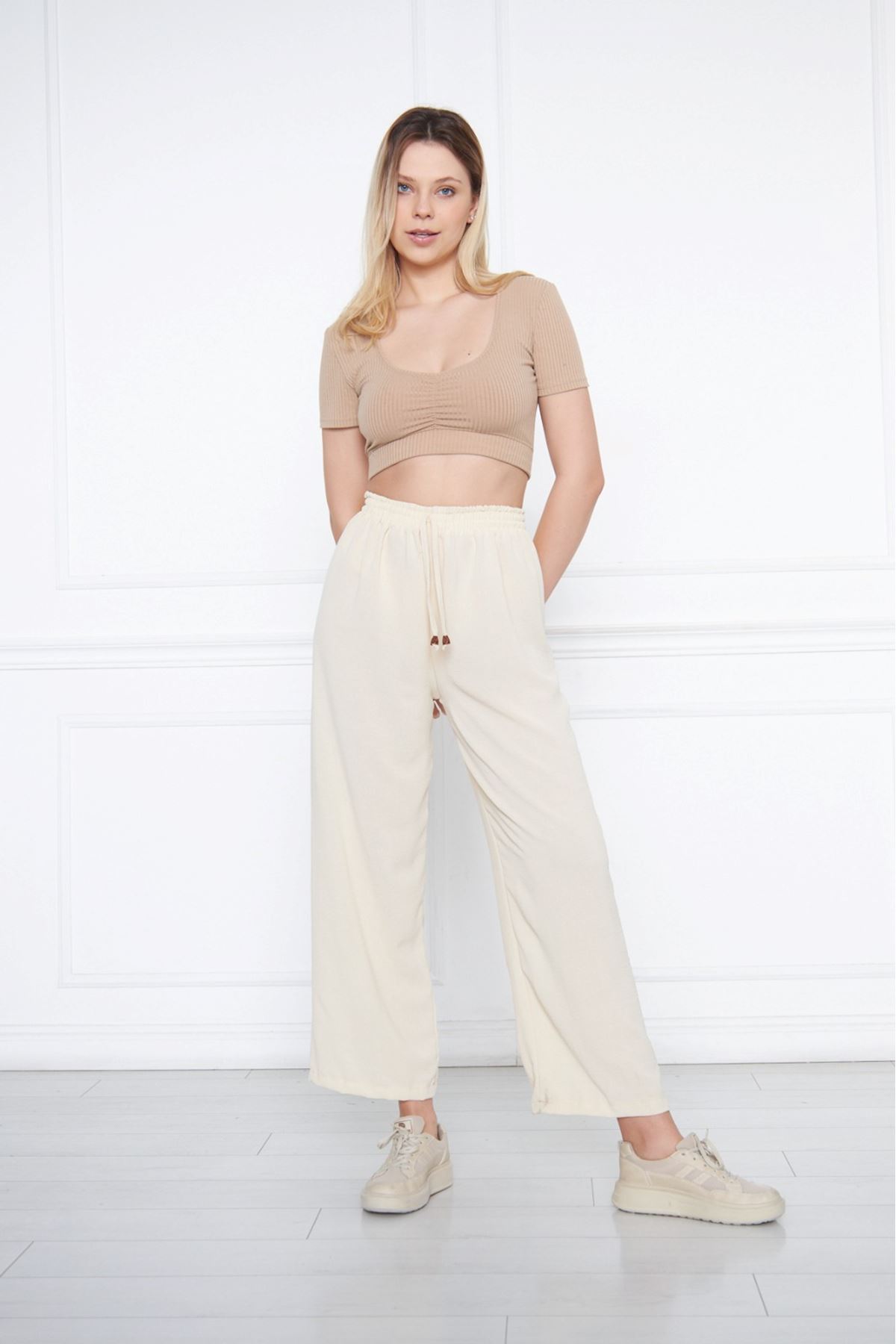 Kadın Aerobin Geniş Paça Palazzo Bel Lastikli Pantolon