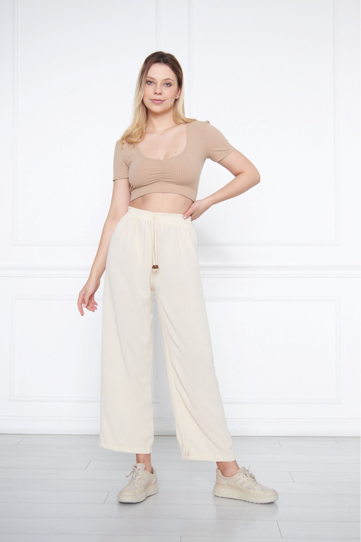 Kadın Aerobin Geniş Paça Palazzo Bel Lastikli Pantolon