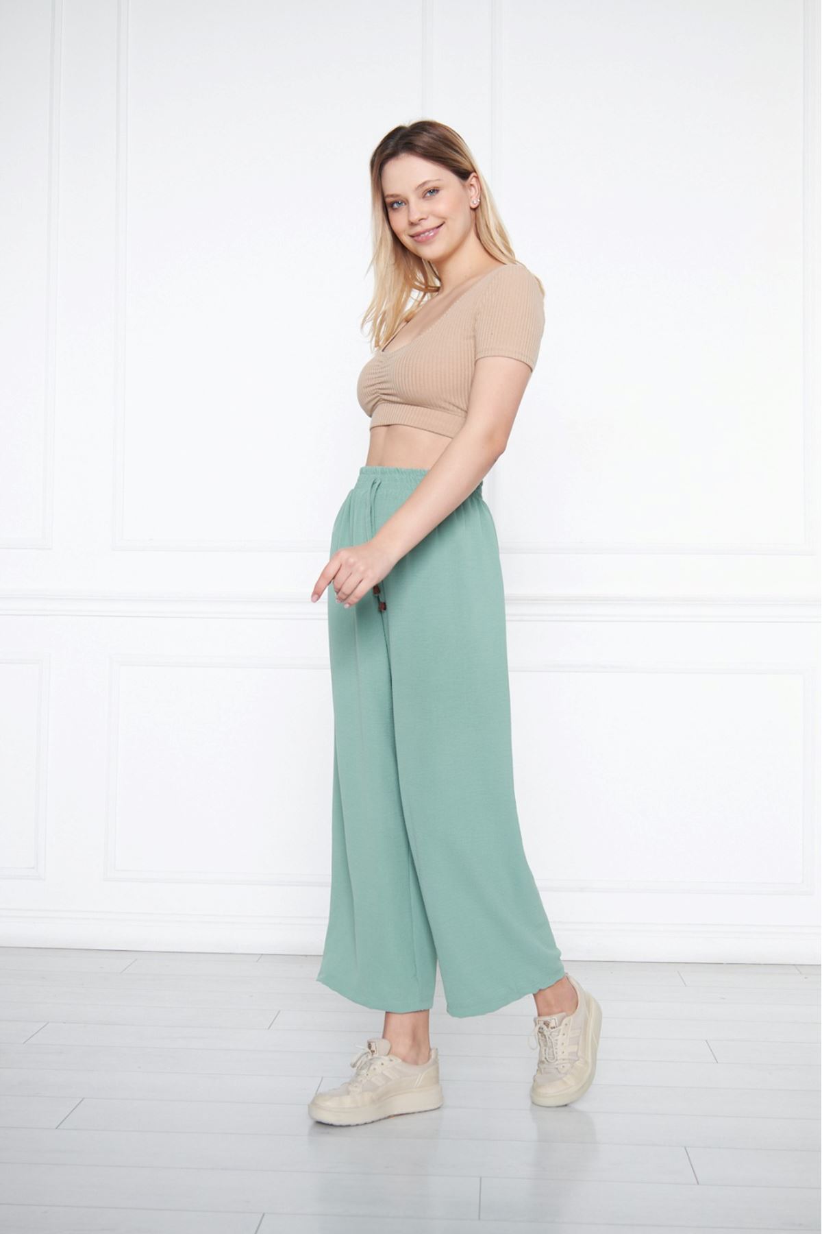 Kadın Aerobin Geniş Paça Palazzo Bel Lastikli Pantolon