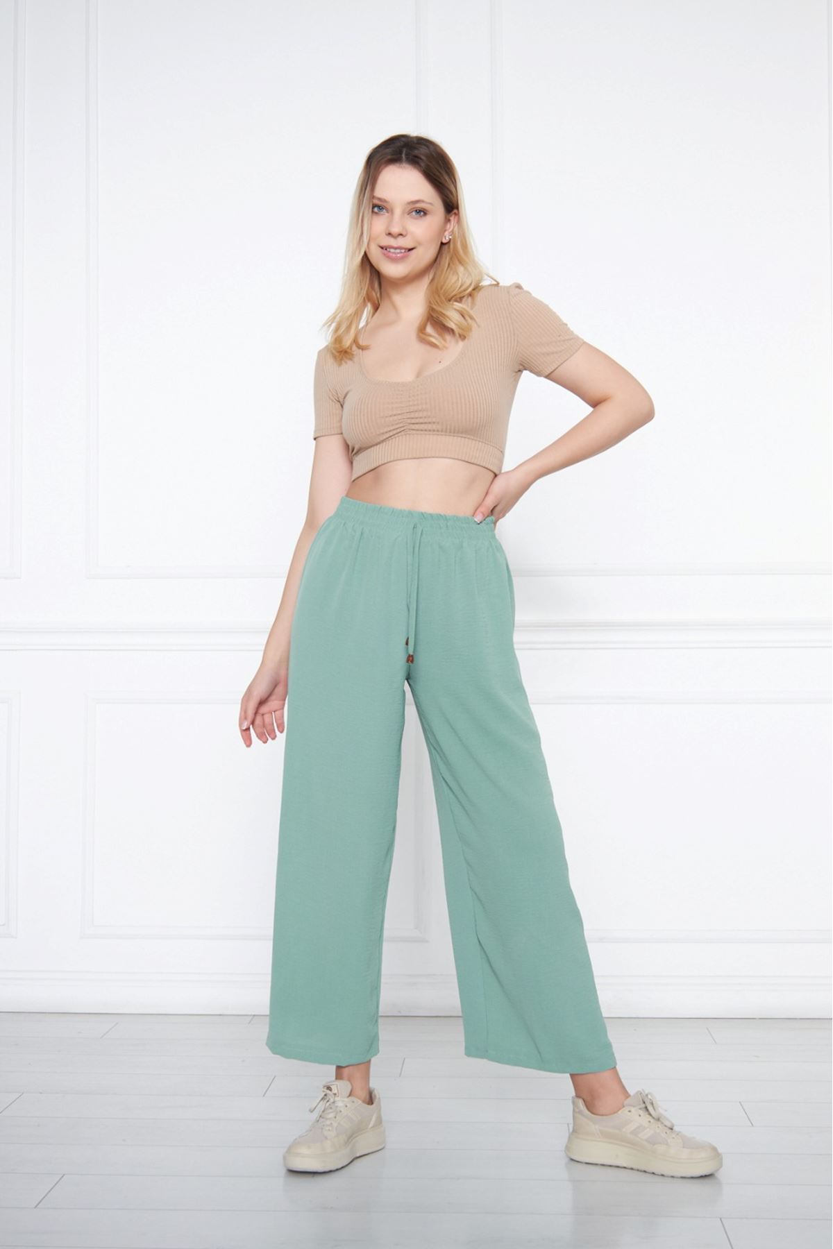 Kadın Aerobin Geniş Paça Palazzo Bel Lastikli Pantolon