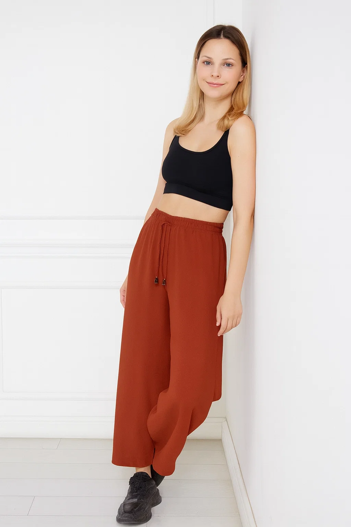 Kadın Aerobin Geniş Paça Palazzo Bel Lastikli Pantolon
