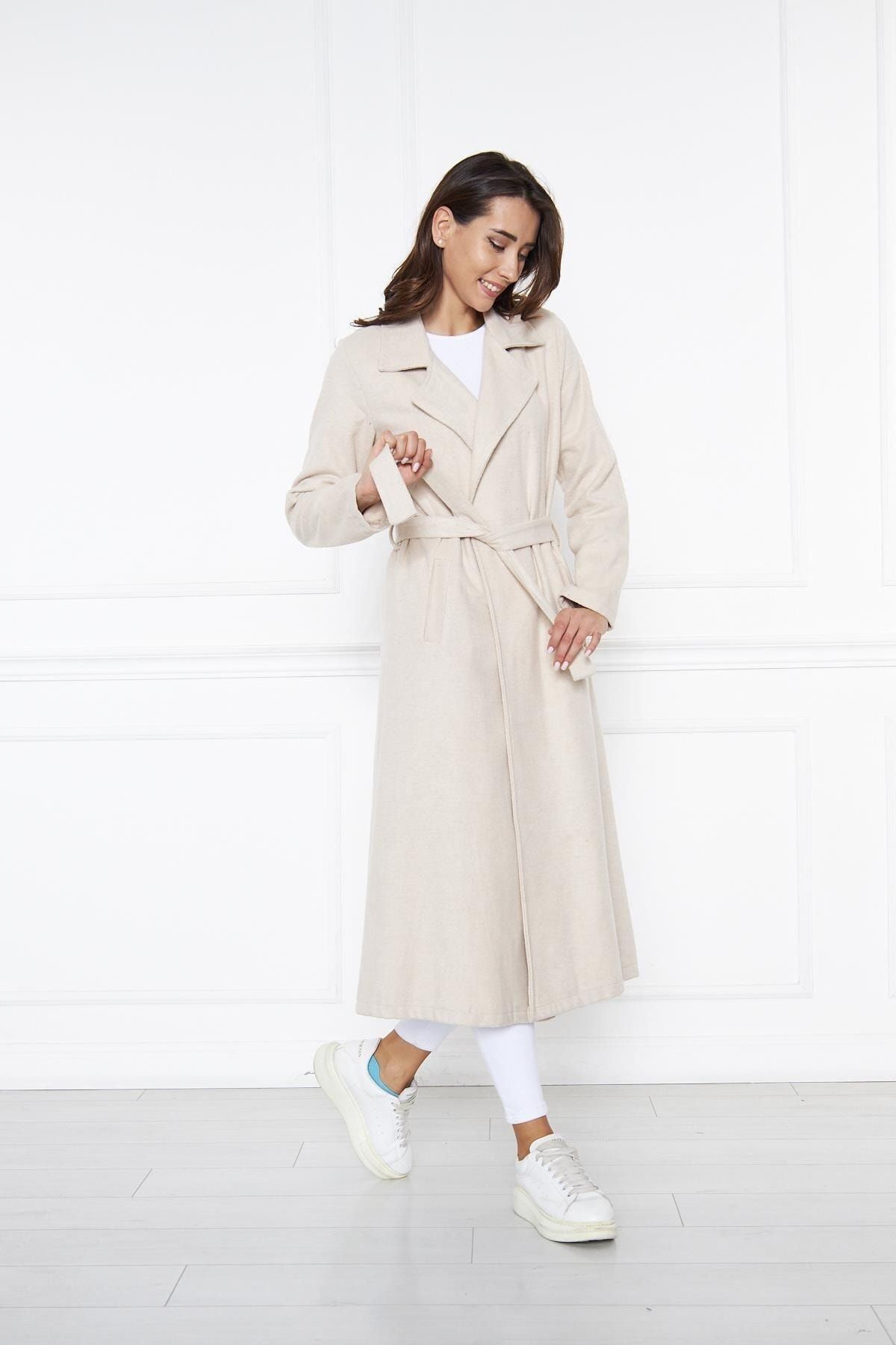 Kadın Kaşe Astarsız Kuşaklı Kaban