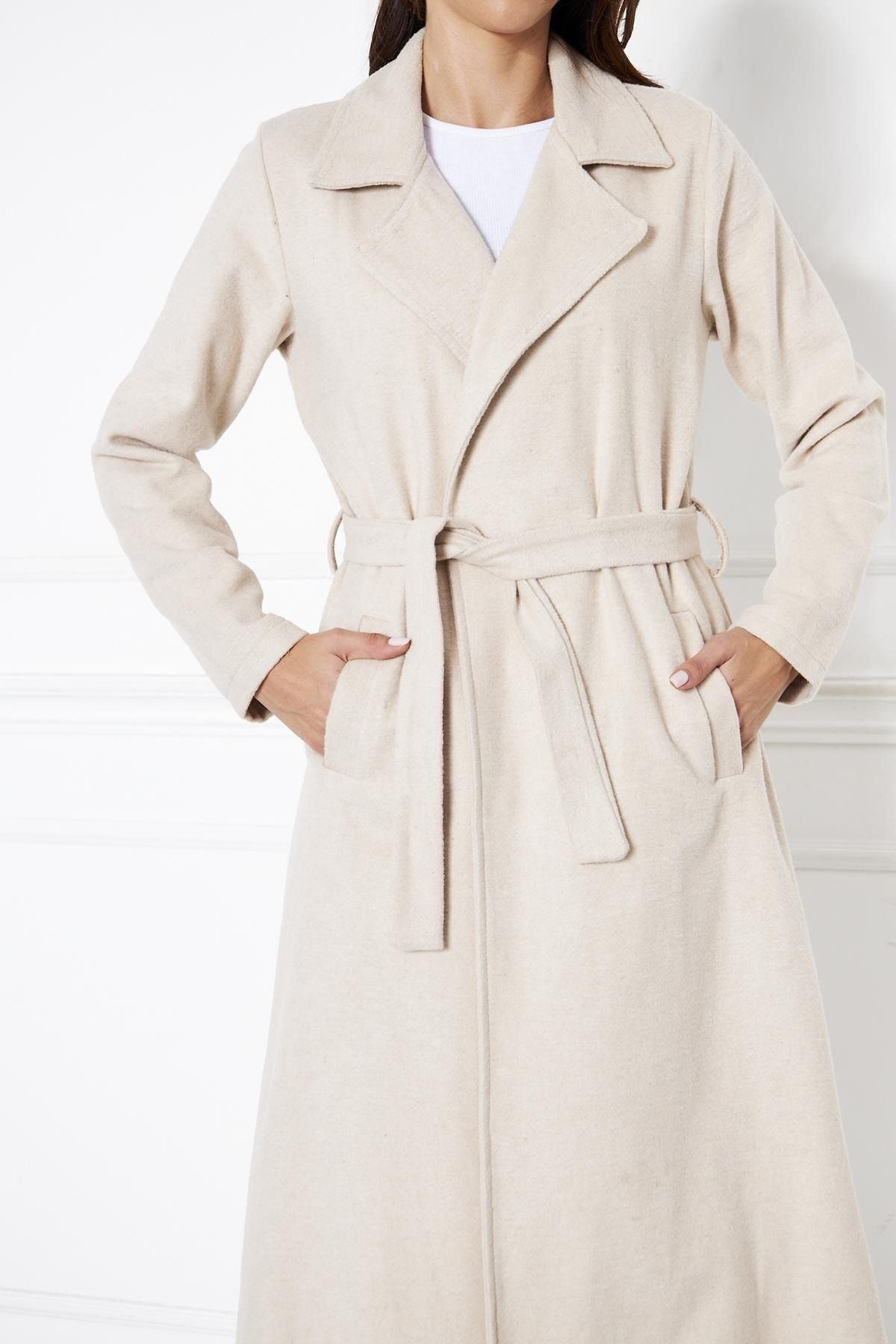 Kadın Kaşe Astarsız Kuşaklı Kaban