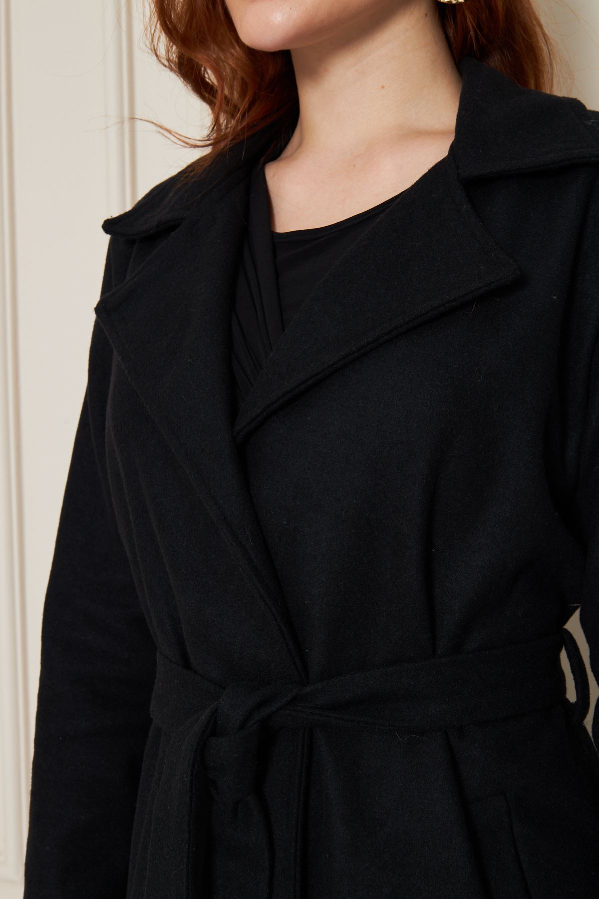 Kadın Kaşe Astarsız Kuşaklı Kaban