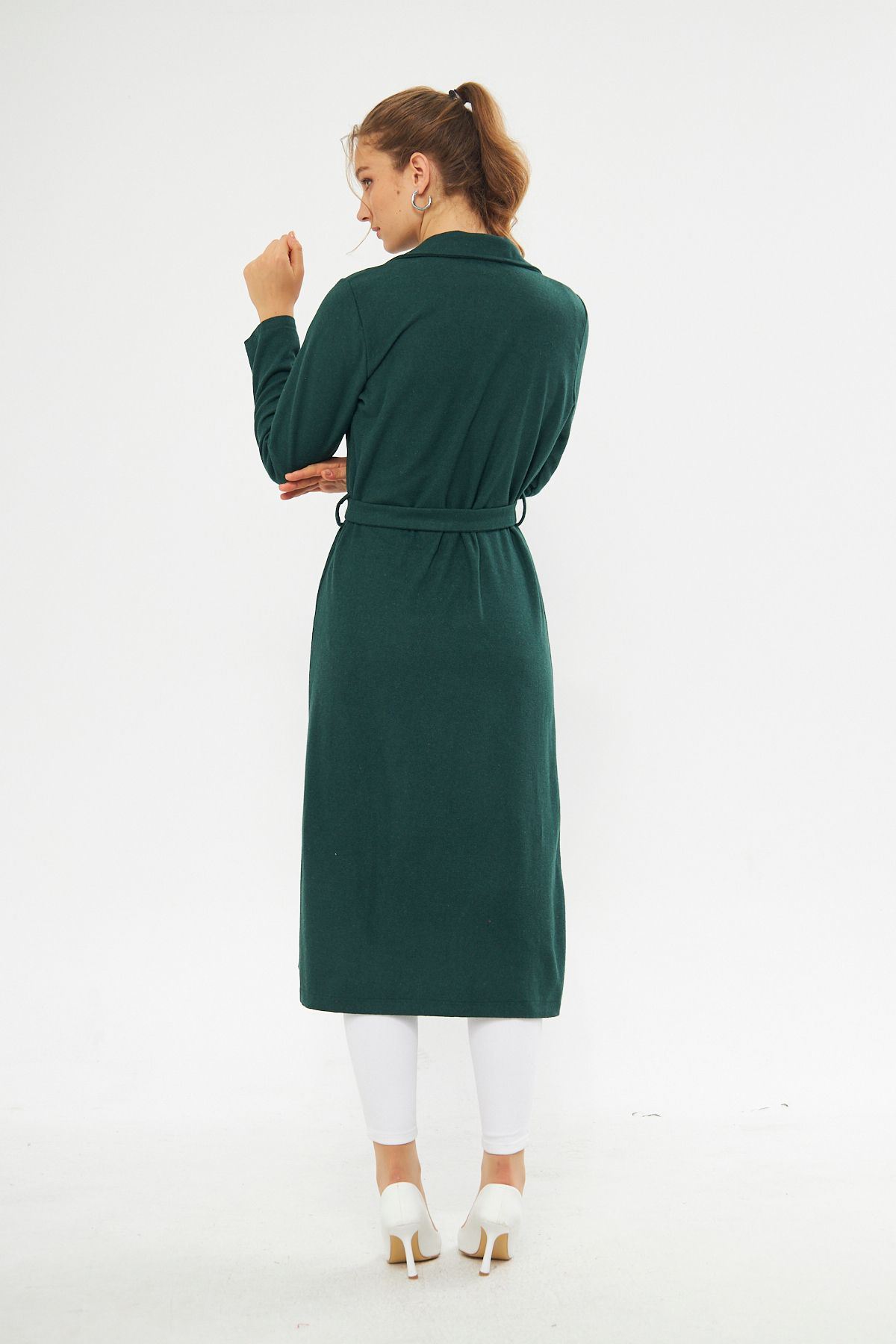 Kadın Astarsız Kuşak Basic Bol Zümrüt Uzun Kaşe Kaban