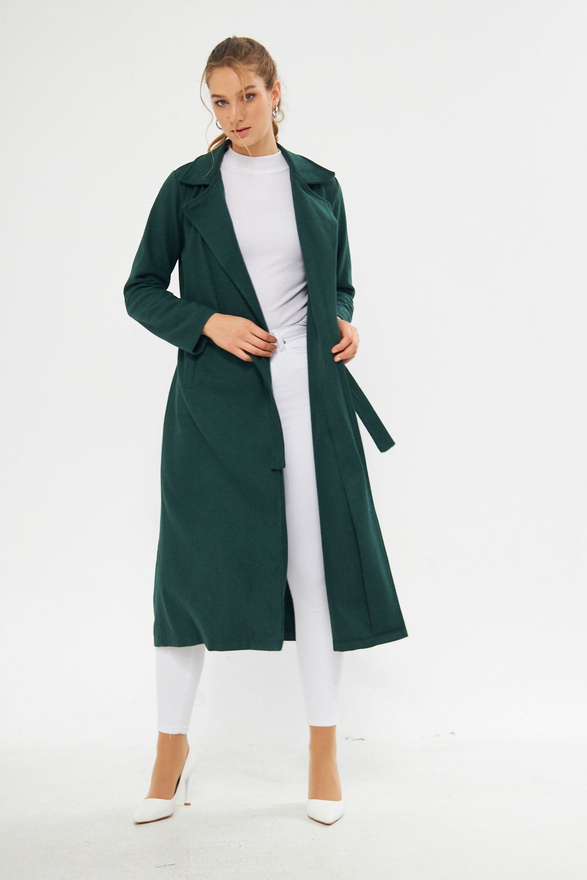 Kadın Astarsız Kuşak Basic Bol Zümrüt Uzun Kaşe Kaban