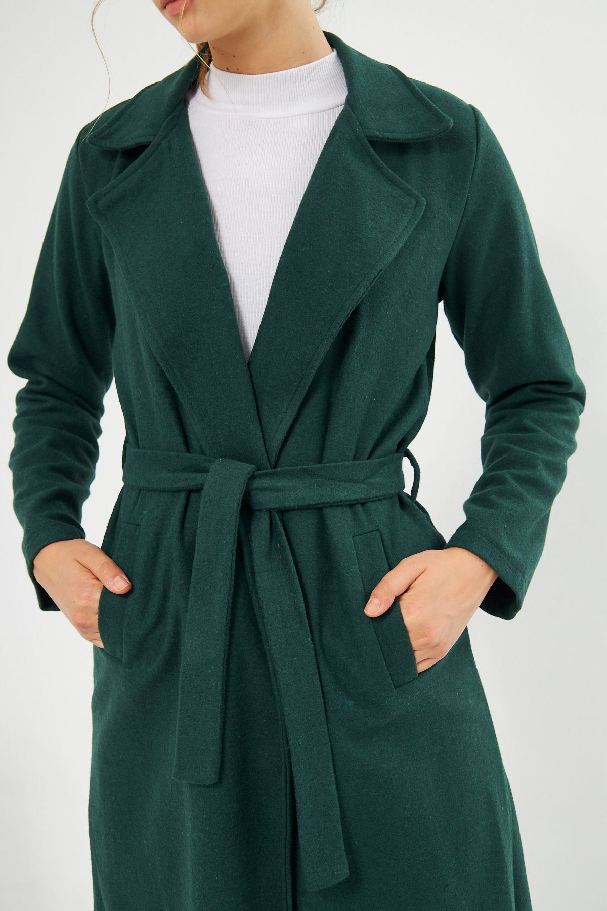 Kadın Astarsız Kuşak Basic Bol Zümrüt Uzun Kaşe Kaban