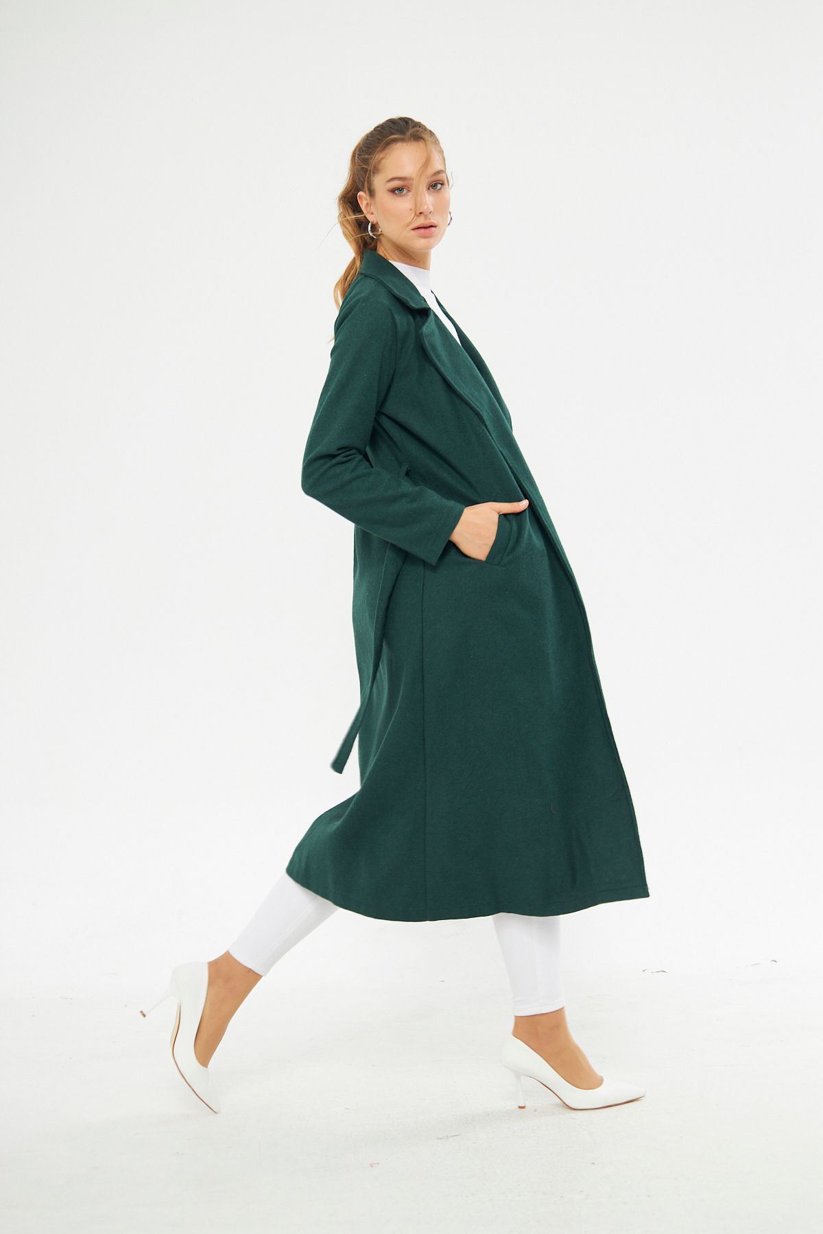 Kadın Astarsız Kuşak Basic Bol Zümrüt Uzun Kaşe Kaban