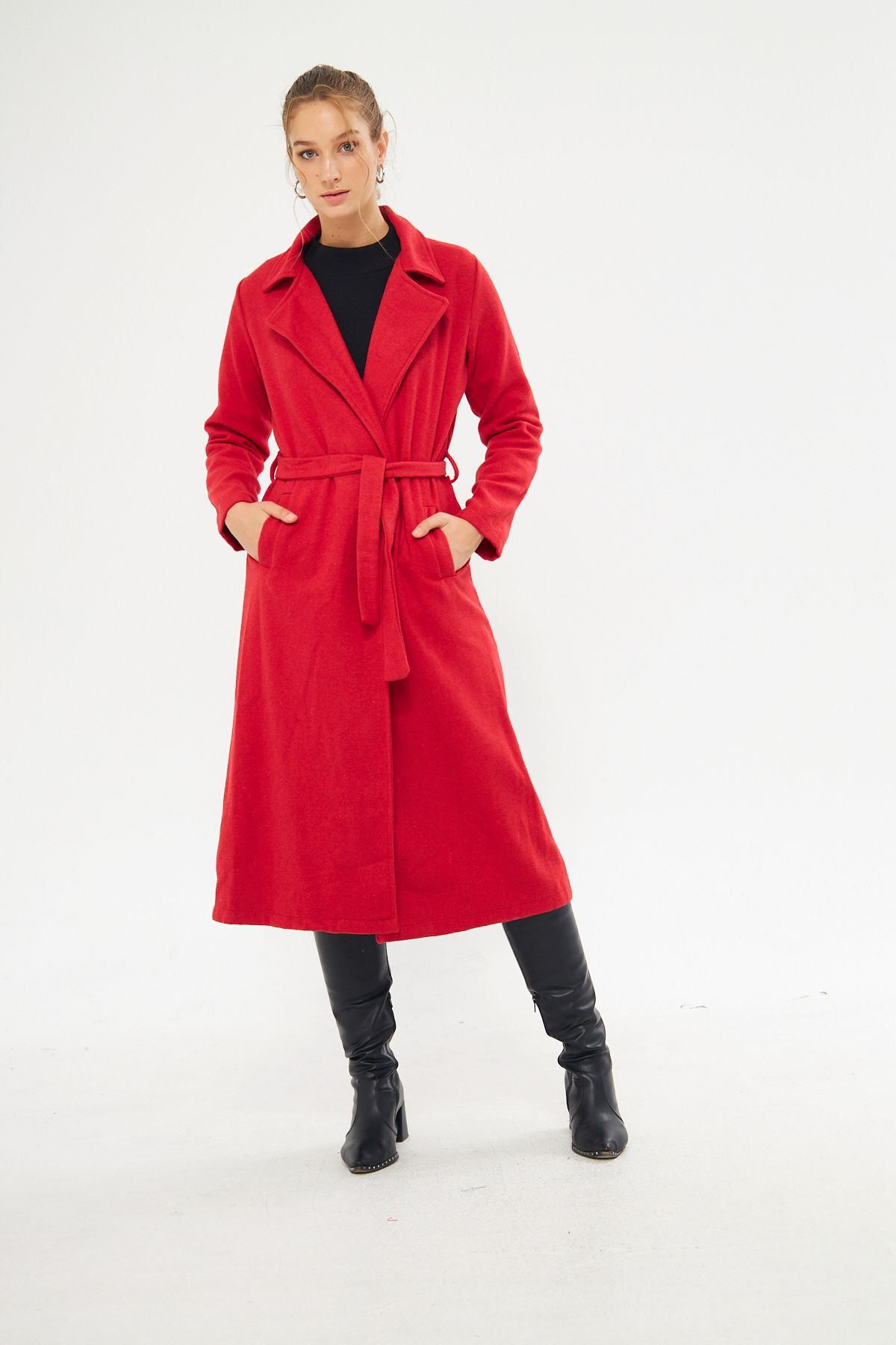 Kadın Astarsız Kuşak Basic Bol Kırmızı Uzun Kaşe Kaban