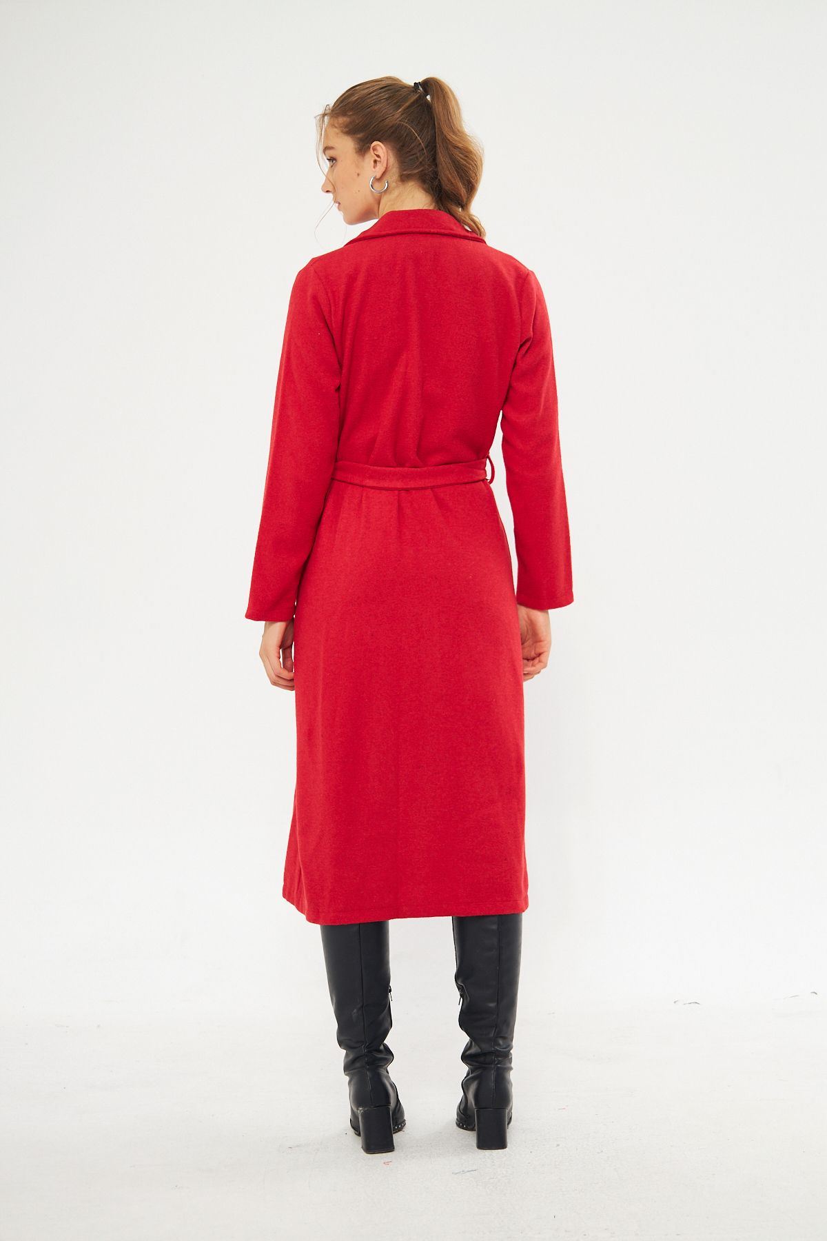 Kadın Astarsız Kuşak Basic Bol Kırmızı Uzun Kaşe Kaban