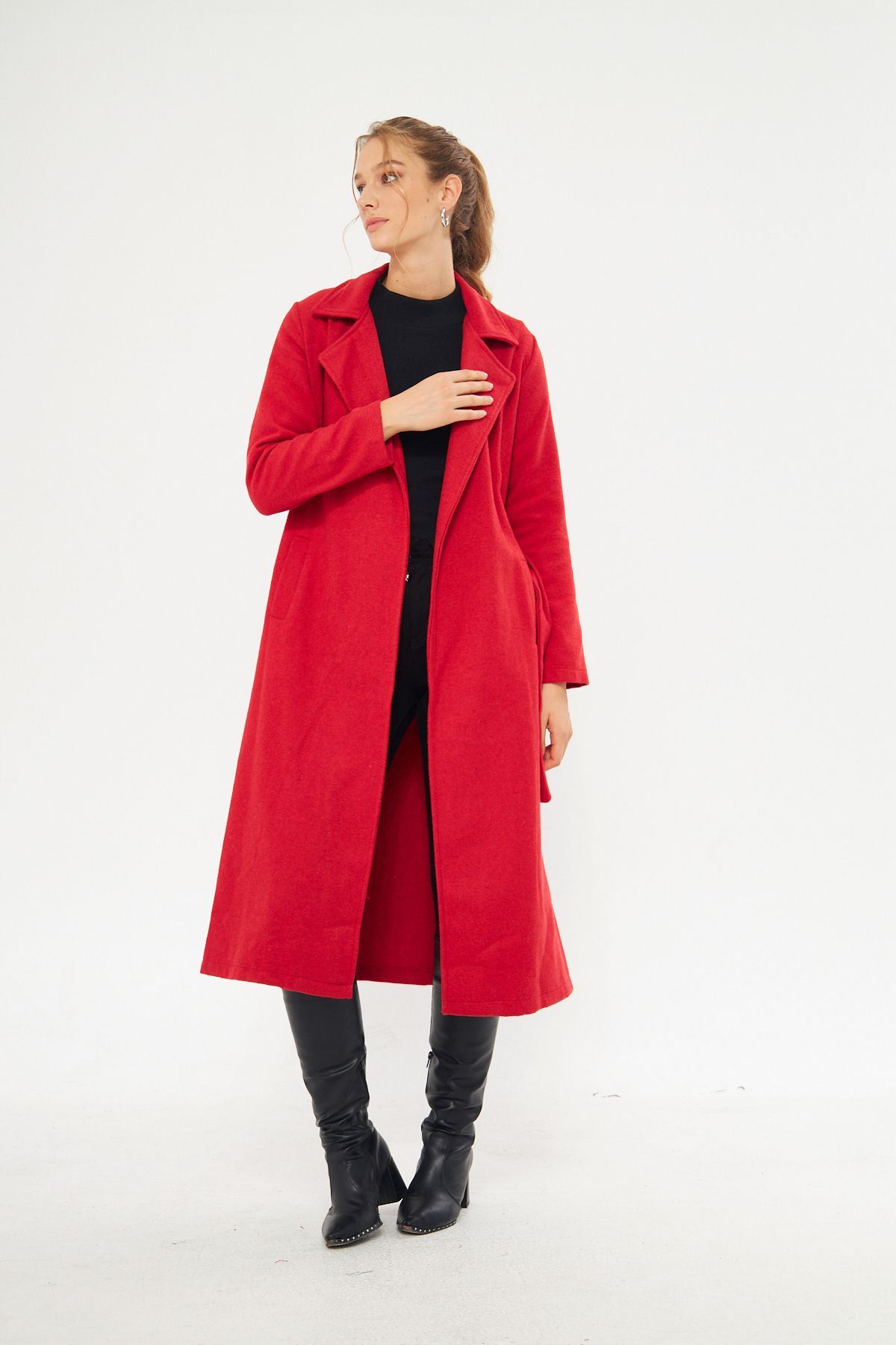 Kadın Astarsız Kuşak Basic Bol Kırmızı Uzun Kaşe Kaban