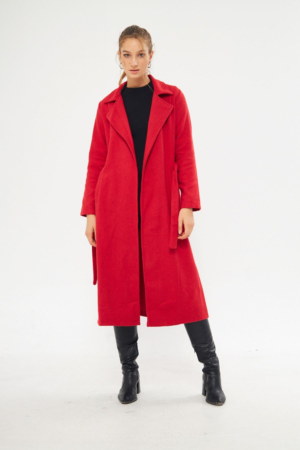 Kadın Astarsız Kuşak Basic Bol Kırmızı Uzun Kaşe Kaban