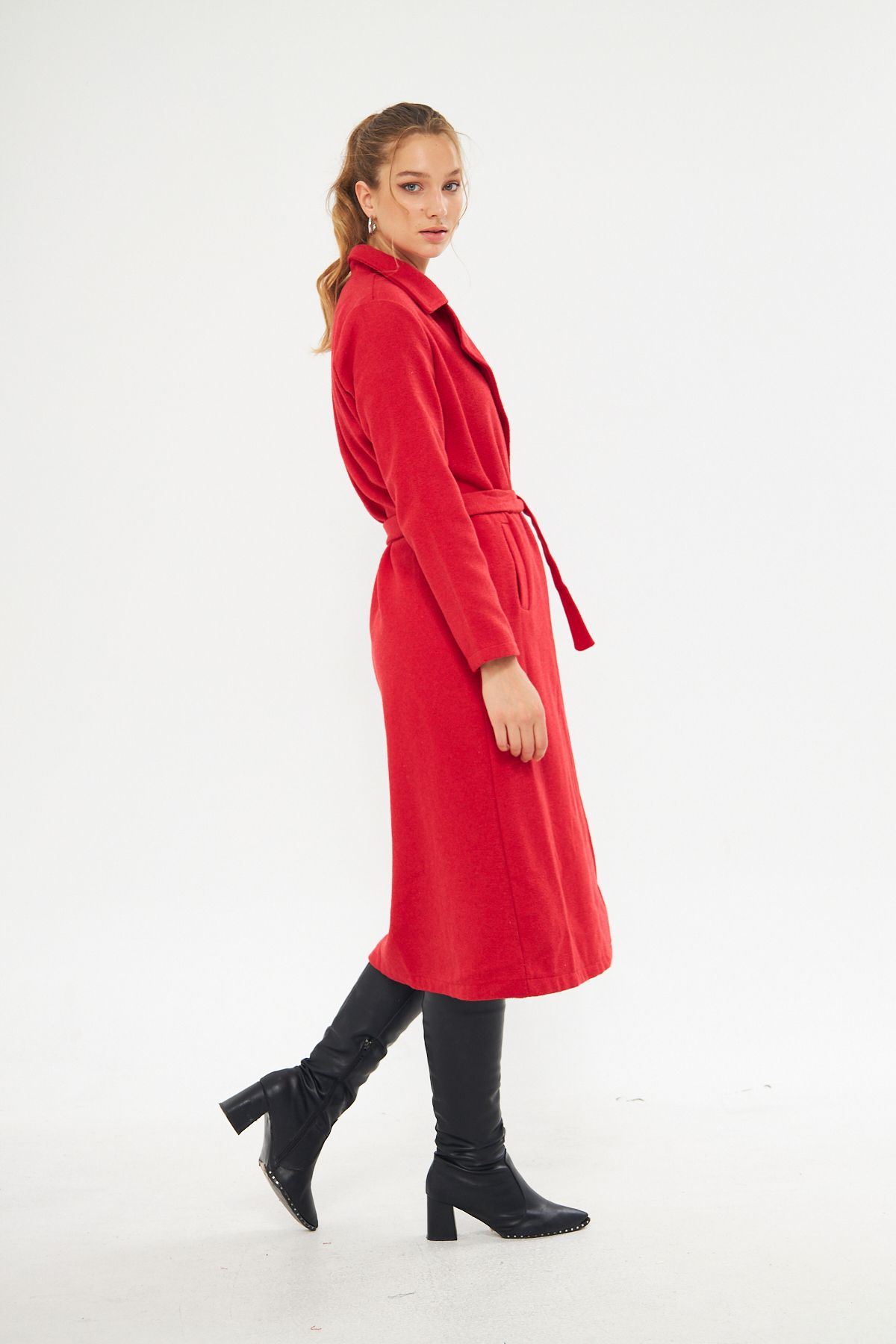 Kadın Astarsız Kuşak Basic Bol Kırmızı Uzun Kaşe Kaban