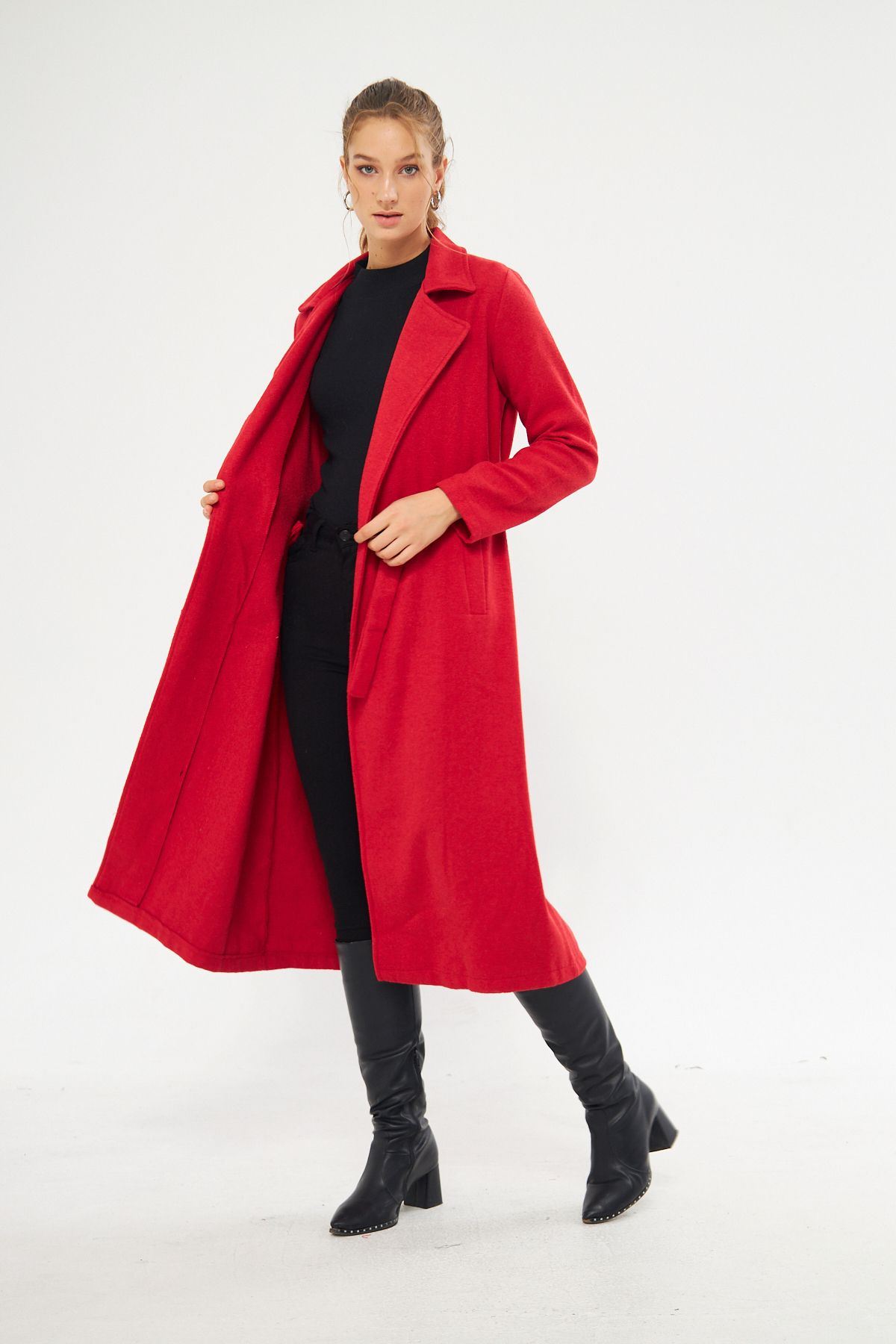 Kadın Astarsız Kuşak Basic Bol Kırmızı Uzun Kaşe Kaban