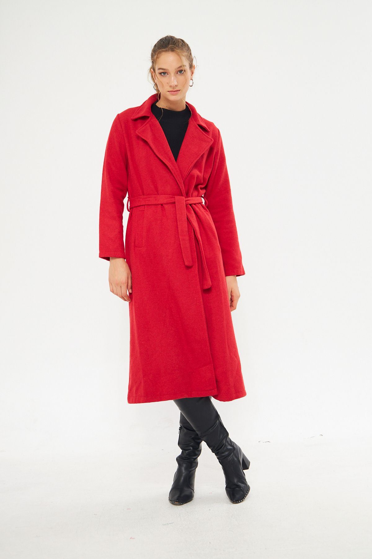 Kadın Astarsız Kuşak Basic Bol Kırmızı Uzun Kaşe Kaban