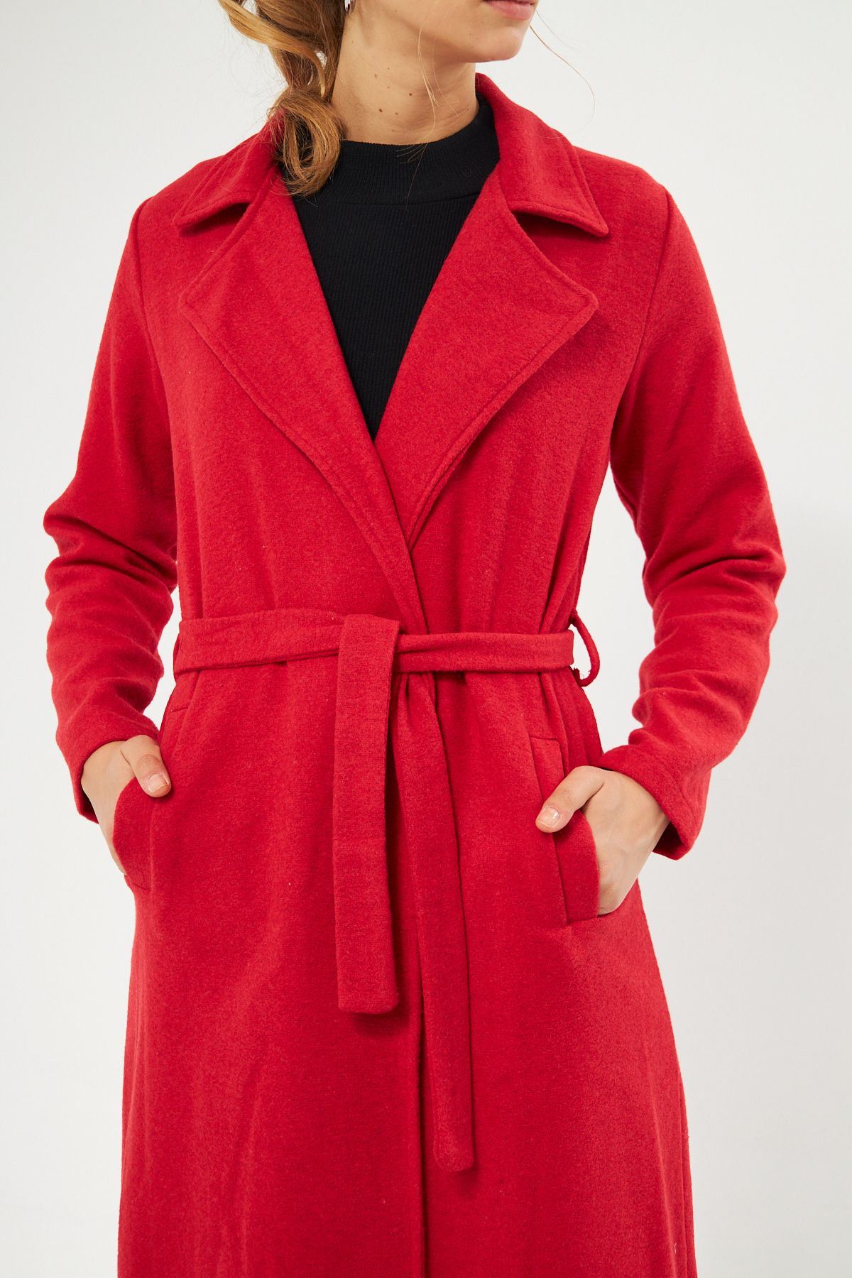 Kadın Astarsız Kuşak Basic Bol Kırmızı Uzun Kaşe Kaban