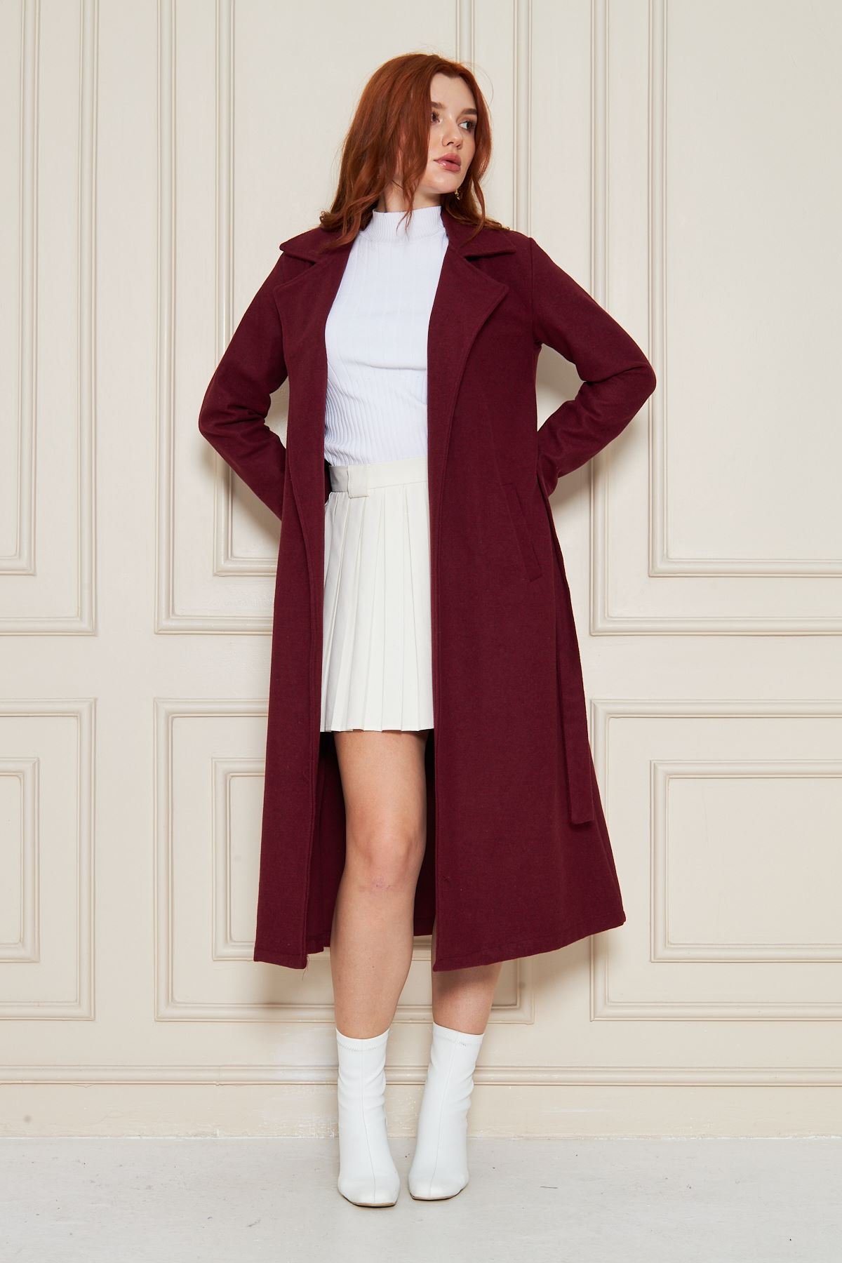 Kadın Astarsız Kuşak Basic Bol Bordo Uzun Kaşe Kaban