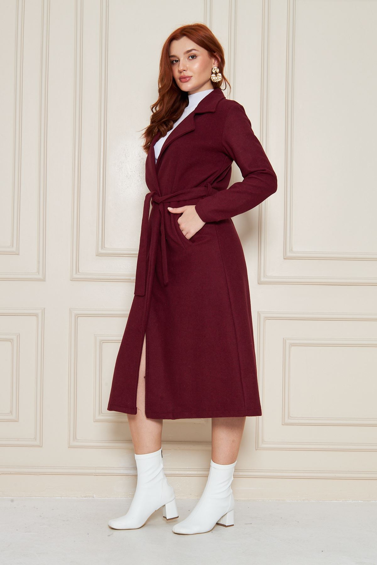 Kadın Astarsız Kuşak Basic Bol Bordo Uzun Kaşe Kaban