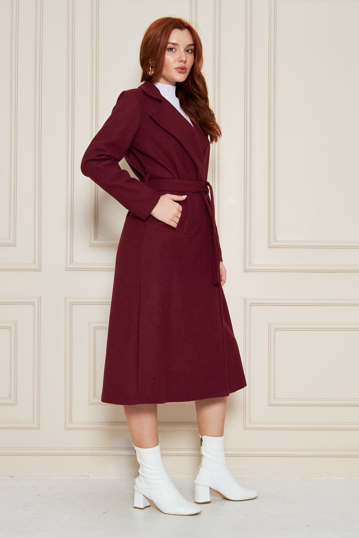 Kadın Astarsız Kuşak Basic Bol Bordo Uzun Kaşe Kaban