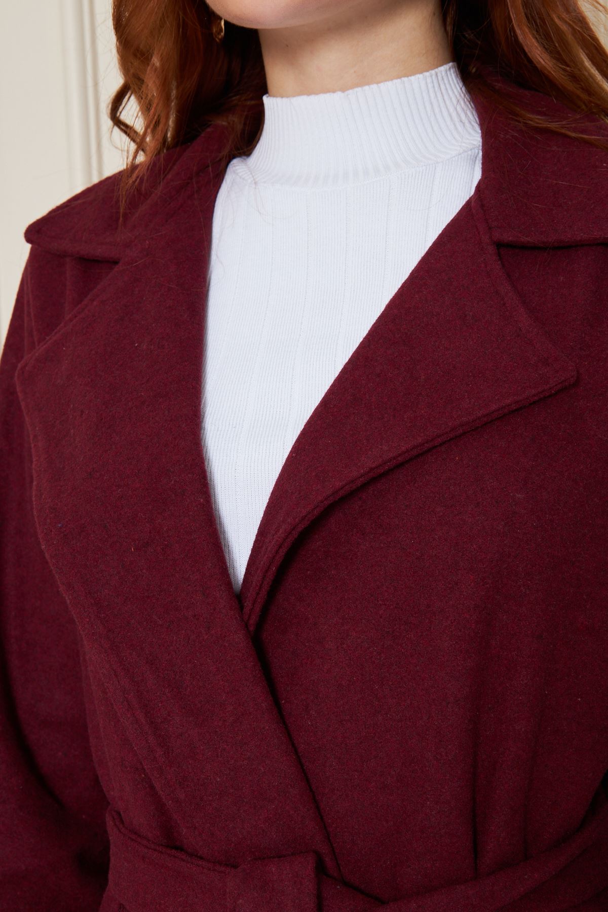 Kadın Astarsız Kuşak Basic Bol Bordo Uzun Kaşe Kaban